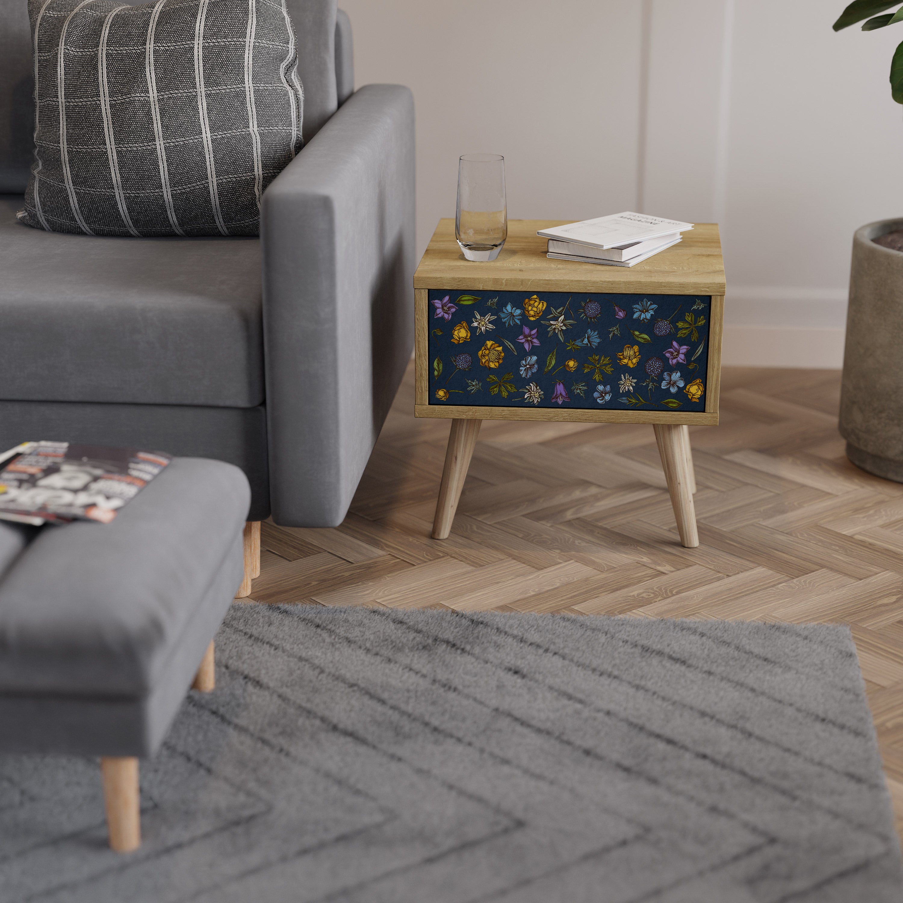 FLOWERS ON NAVY BLUE Nightstand in Oak Effect