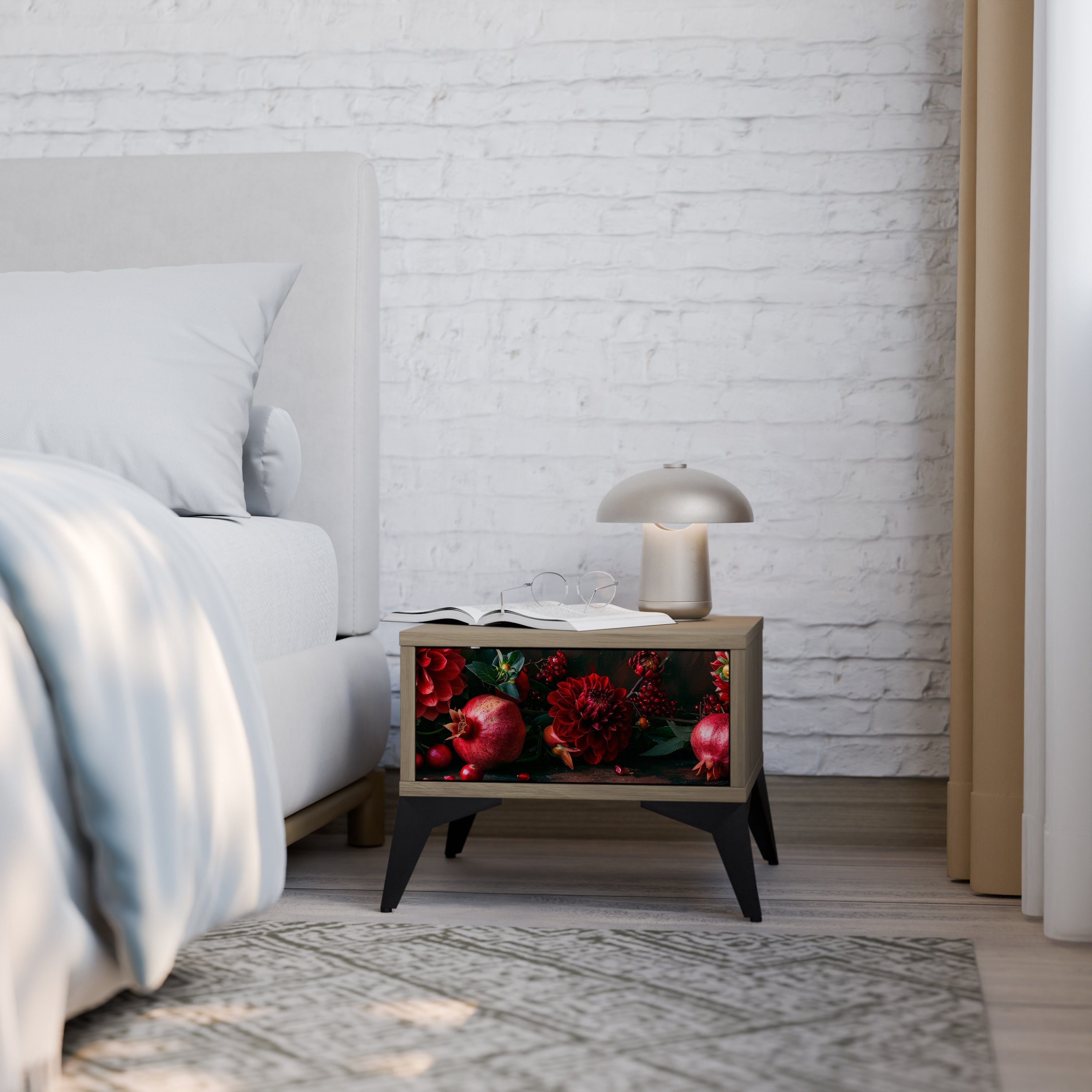 DAHLIAS AND POMEGRANATES Nightstand in Oak Effect