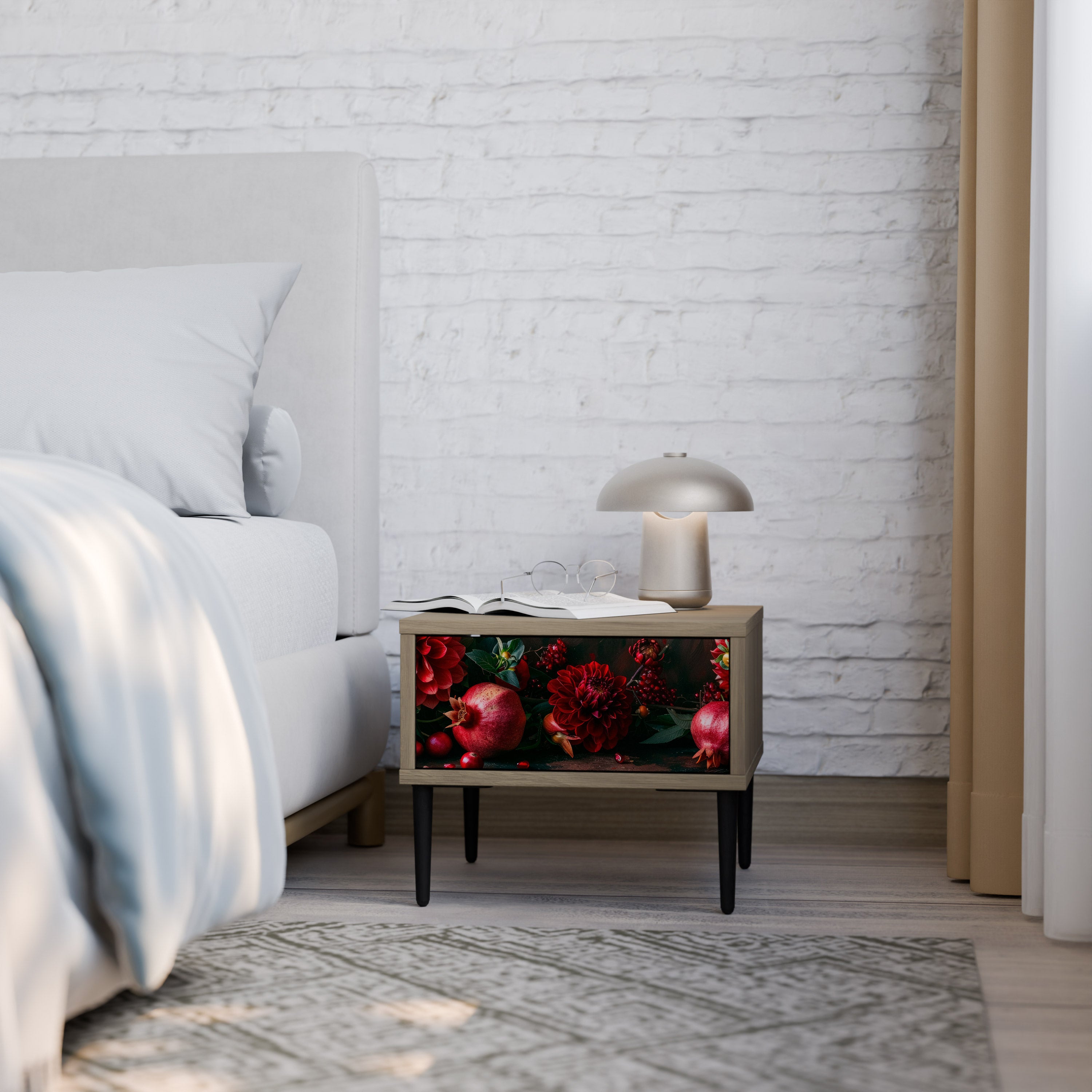 DAHLIAS AND POMEGRANATES Nightstand in Oak Effect