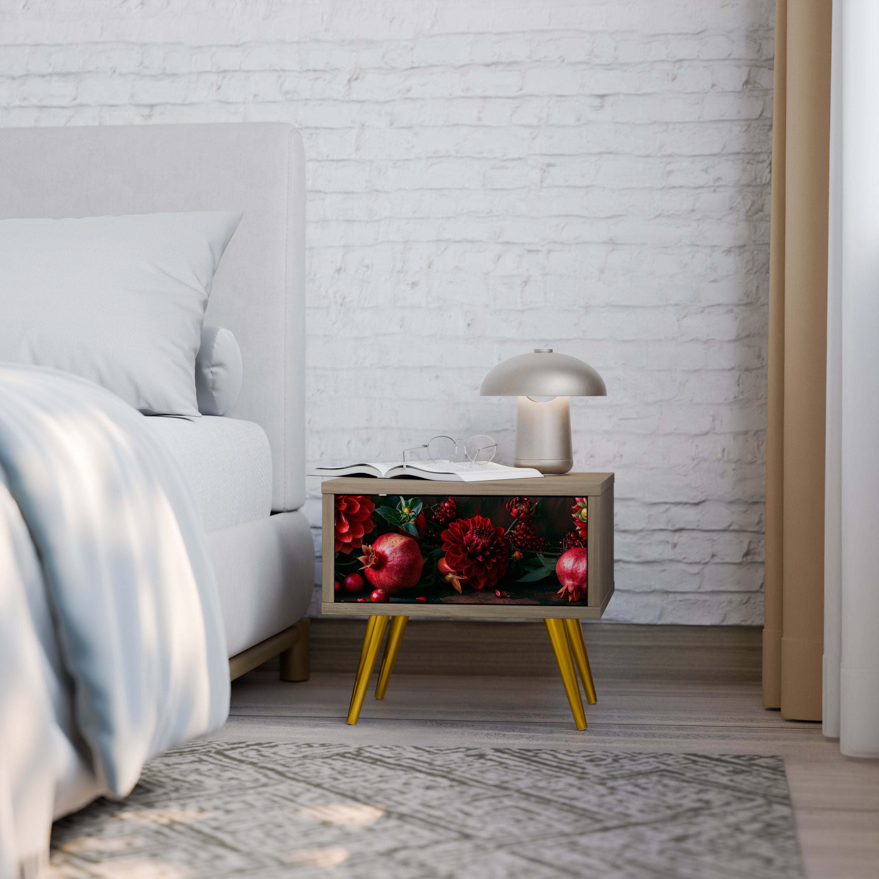 DAHLIAS AND POMEGRANATES Nightstand in Oak Effect