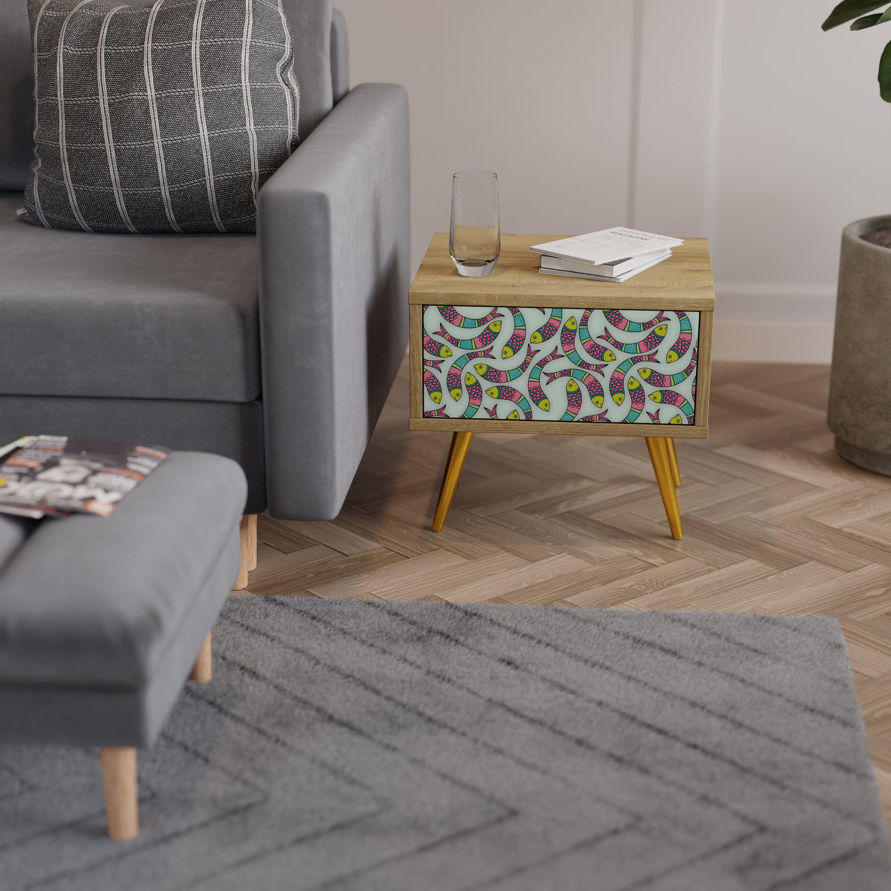 INDIAN FISH Nightstand in Oak Effect