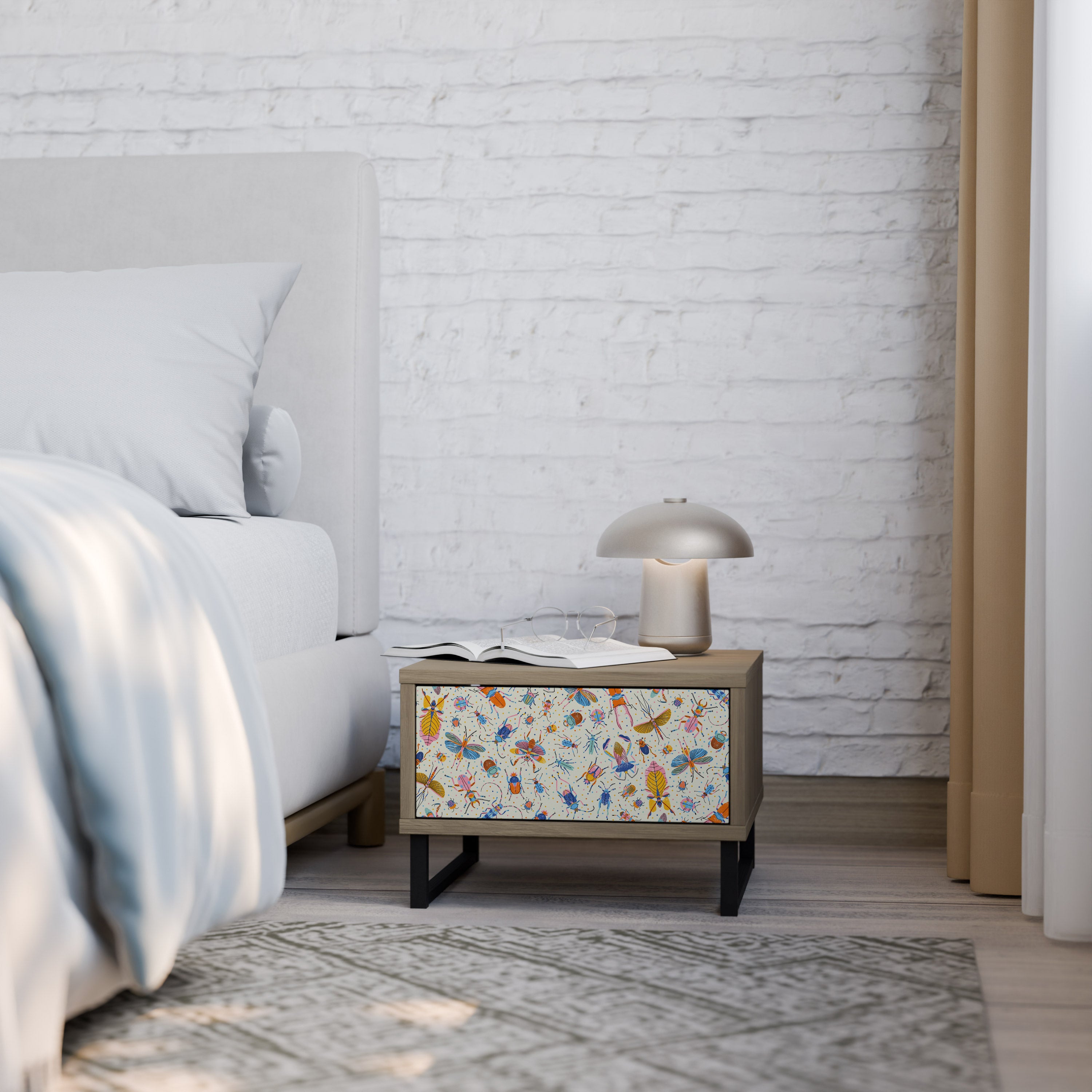 COLORFUL INSECTS Nightstand in Oak Effect