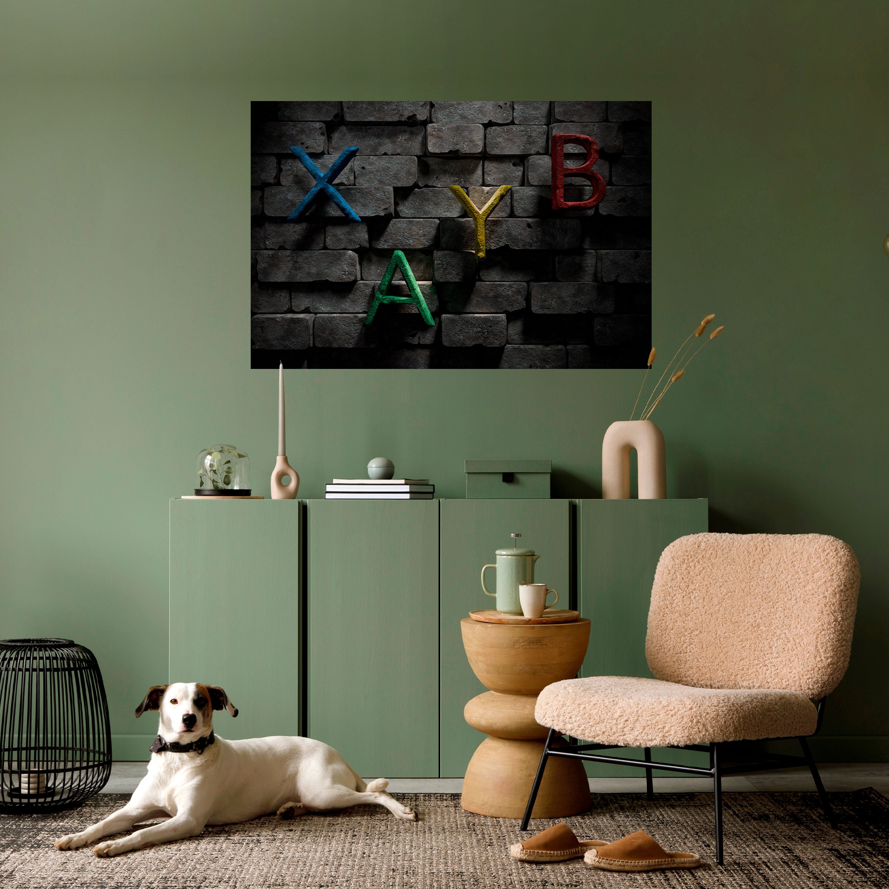 Póster horizontal autoadhesivo con letras de ladrillo para juegos