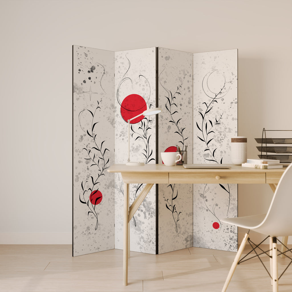 RED WHISPERS IN FOLIAGE Decorative 4-Panel Room Divider