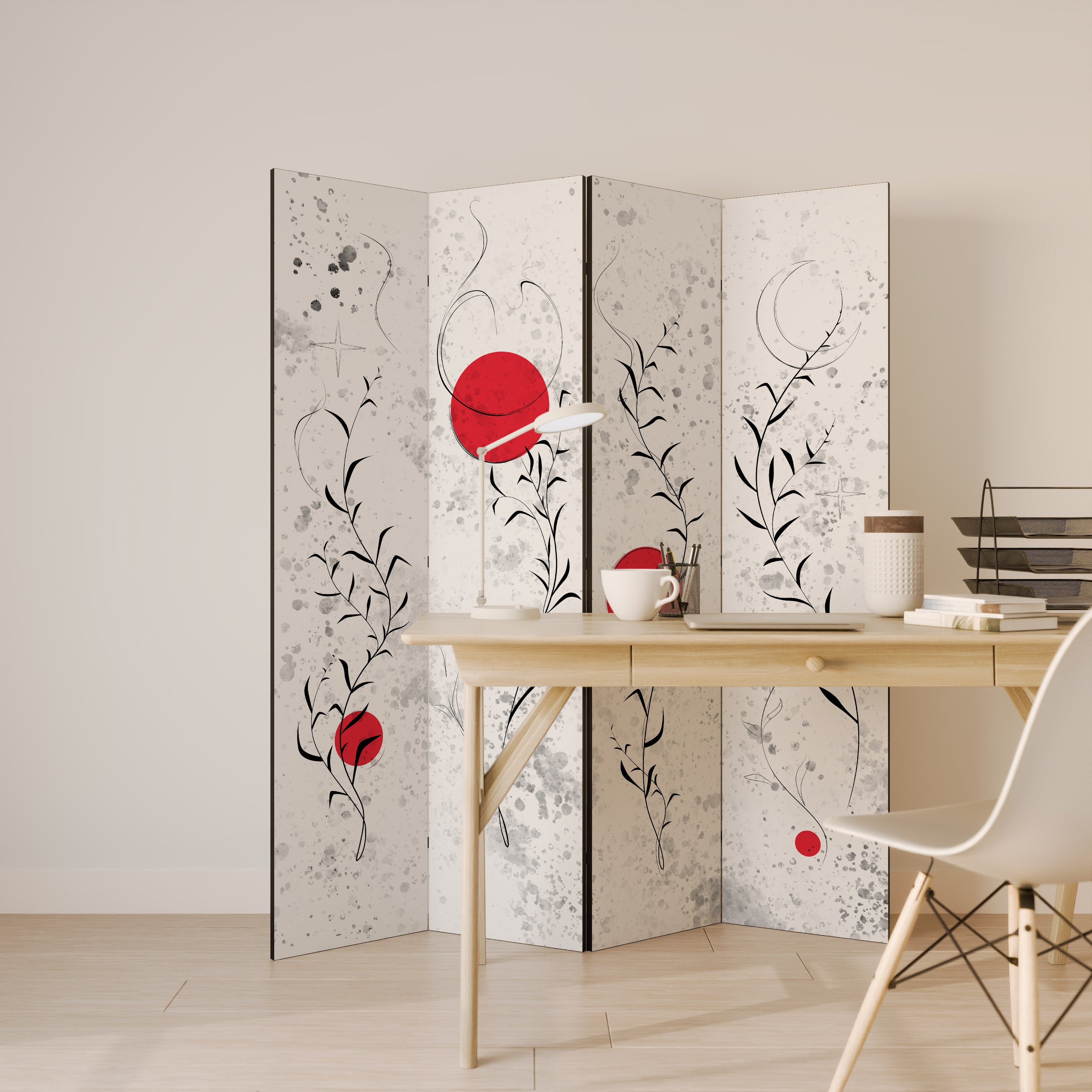 RED WHISPERS IN FOLIAGE Decorative 4-Panel Room Divider