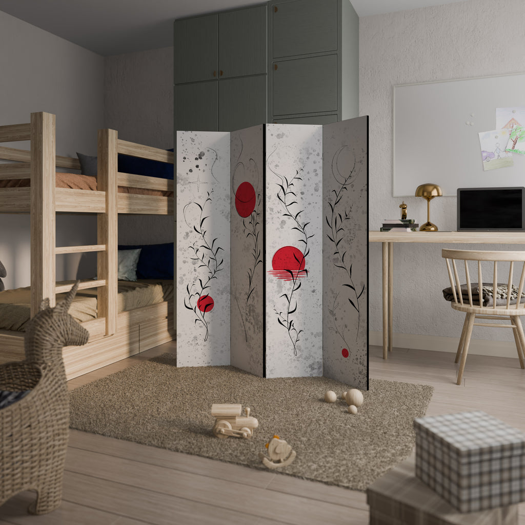 RED WHISPERS IN FOLIAGE Decorative 4-Panel Room Divider