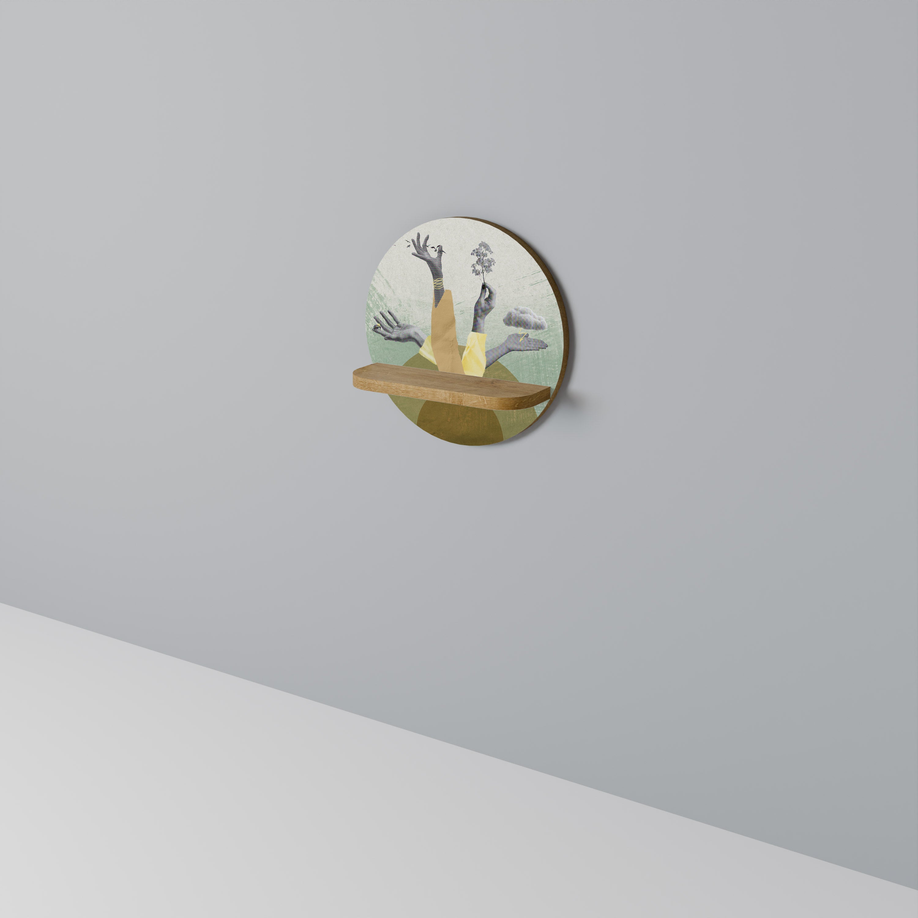 Estantería de arte redonda EARTH ELEMENTS con efecto roble