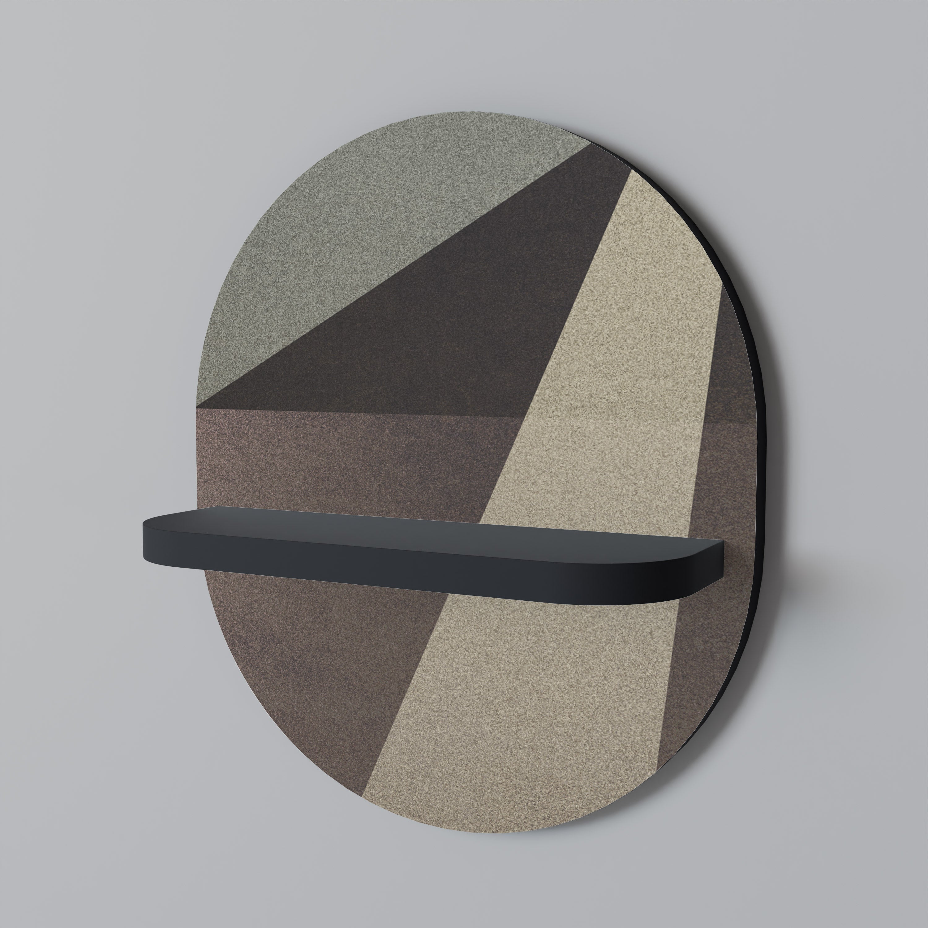 Estantería de arte ovalada con geometría beige y acabado negro