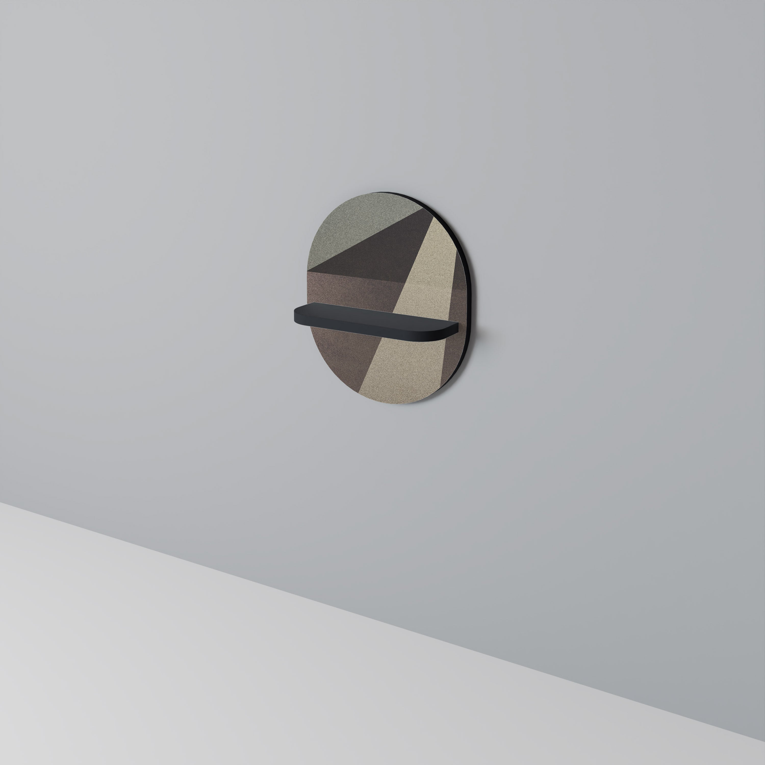 Estantería de arte ovalada con geometría beige y acabado negro