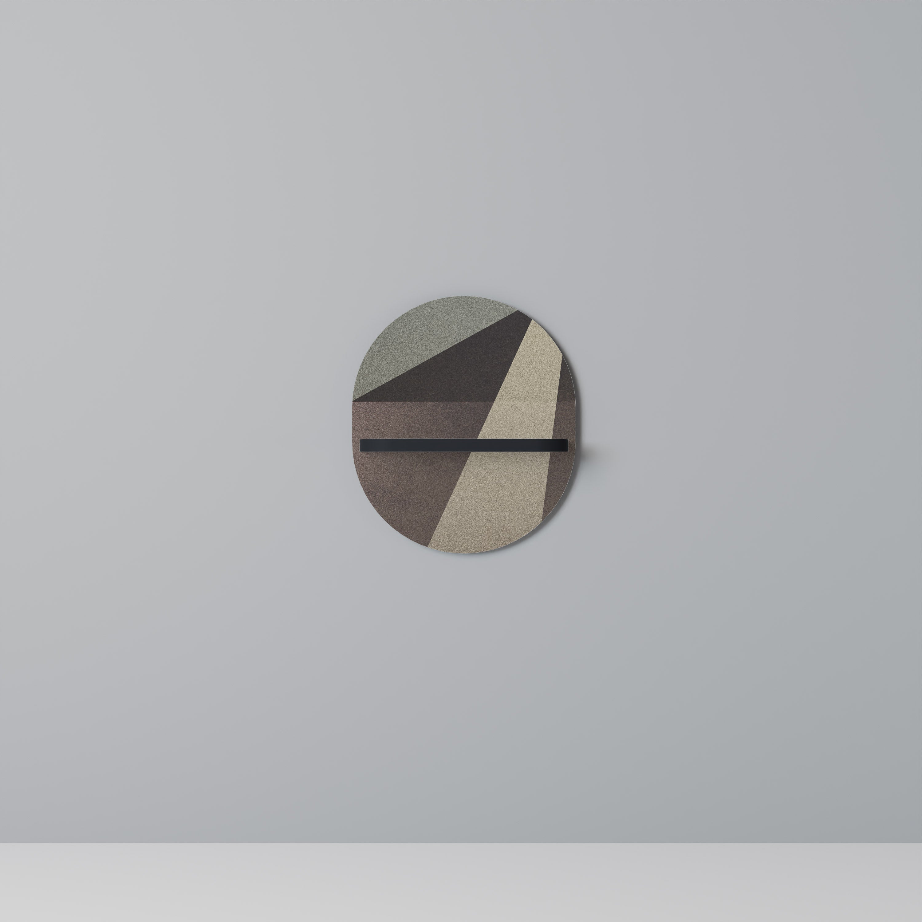 Estantería de arte ovalada con geometría beige y acabado negro