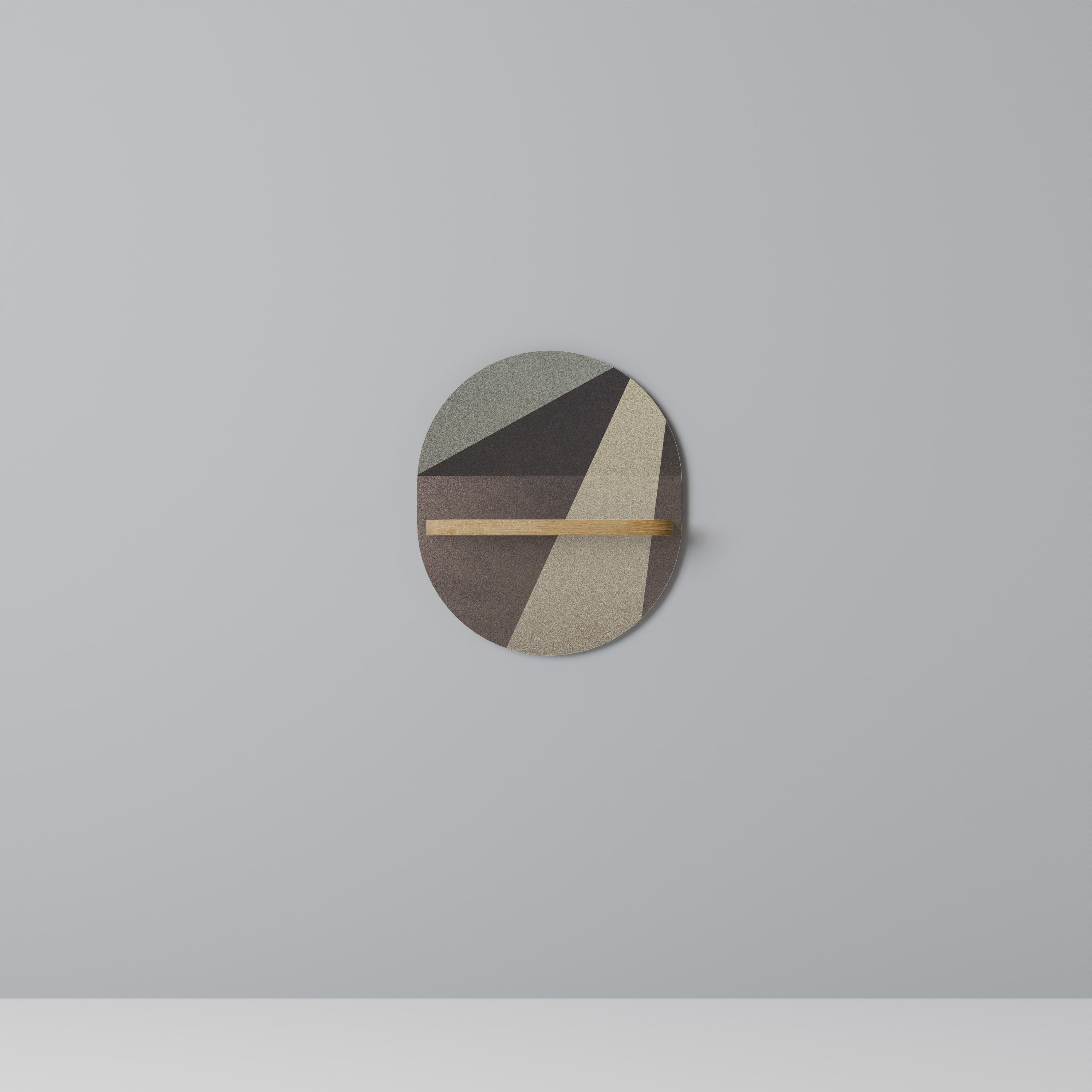 Estantería de arte ovalada con geometría beige y efecto roble