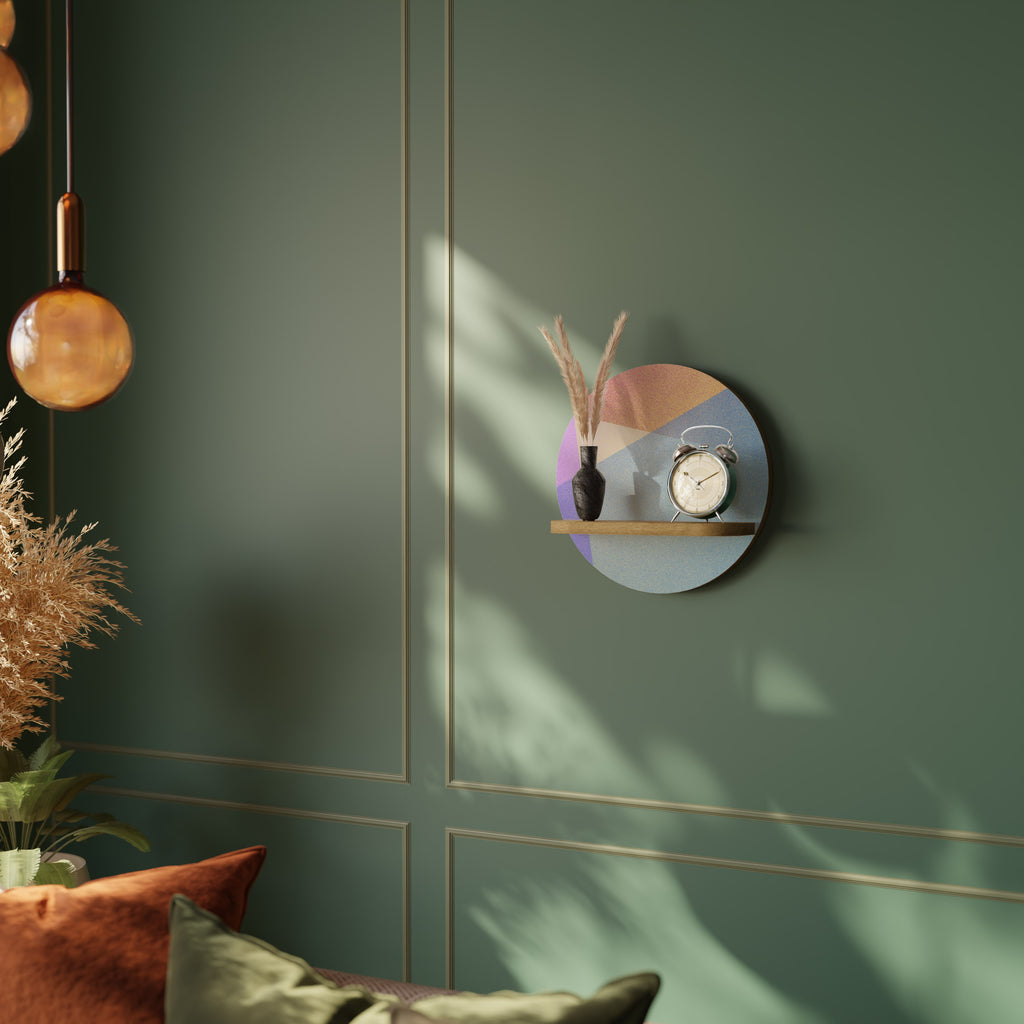 Estantería de arte redonda BRIGHT GEOMETRY con efecto roble