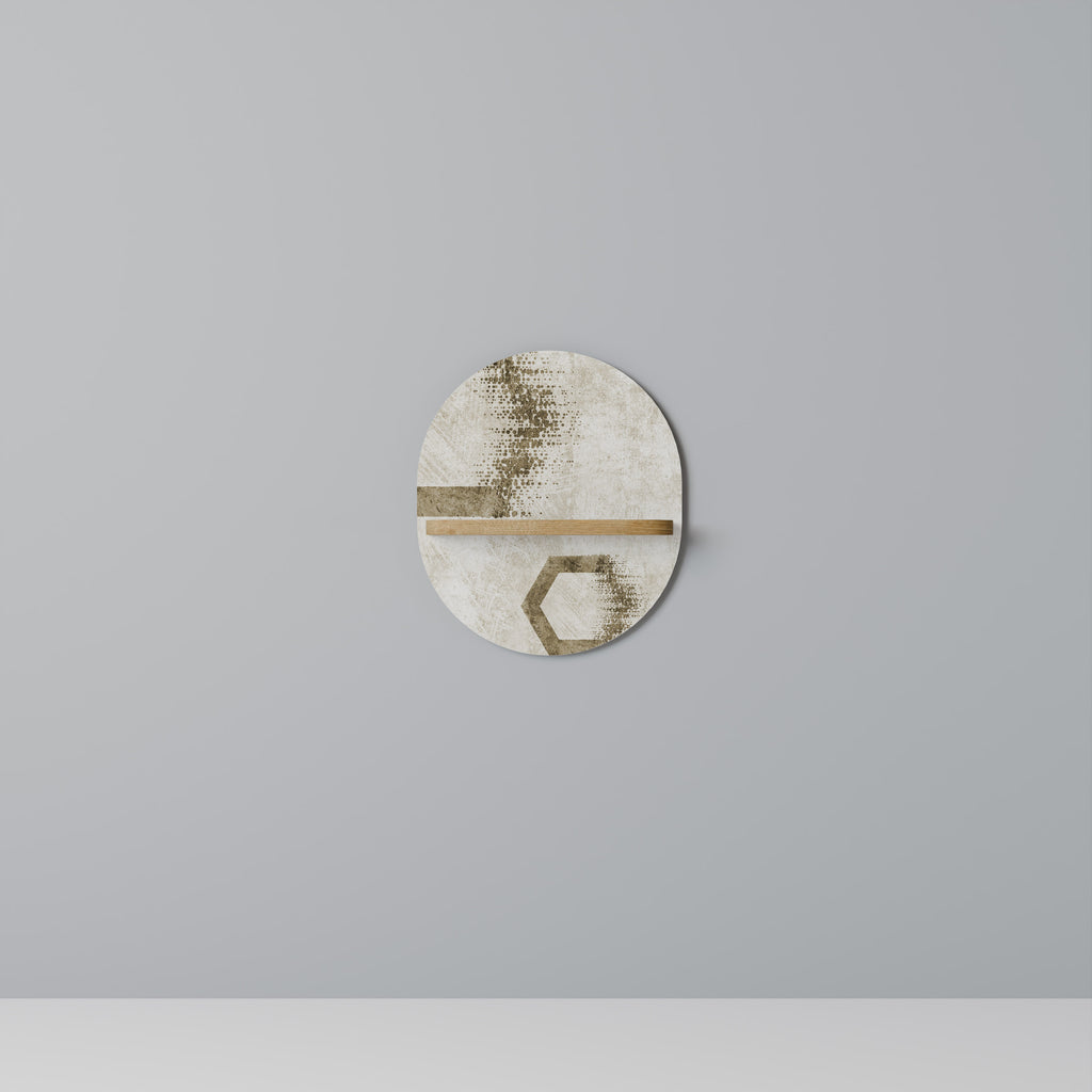 Estantería de arte ovalada con forma hexagonal en efecto roble