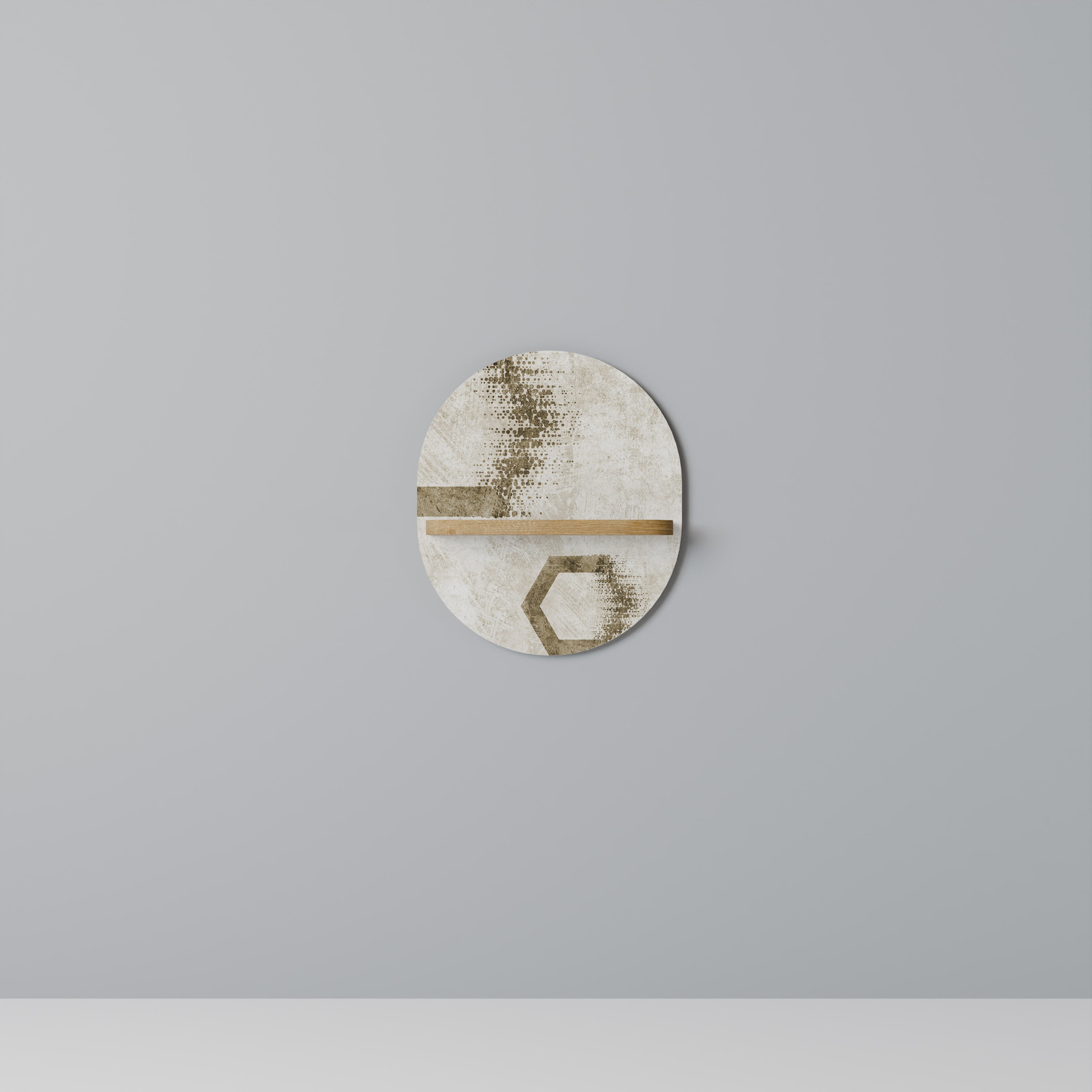 Estantería de arte ovalada con forma hexagonal en efecto roble