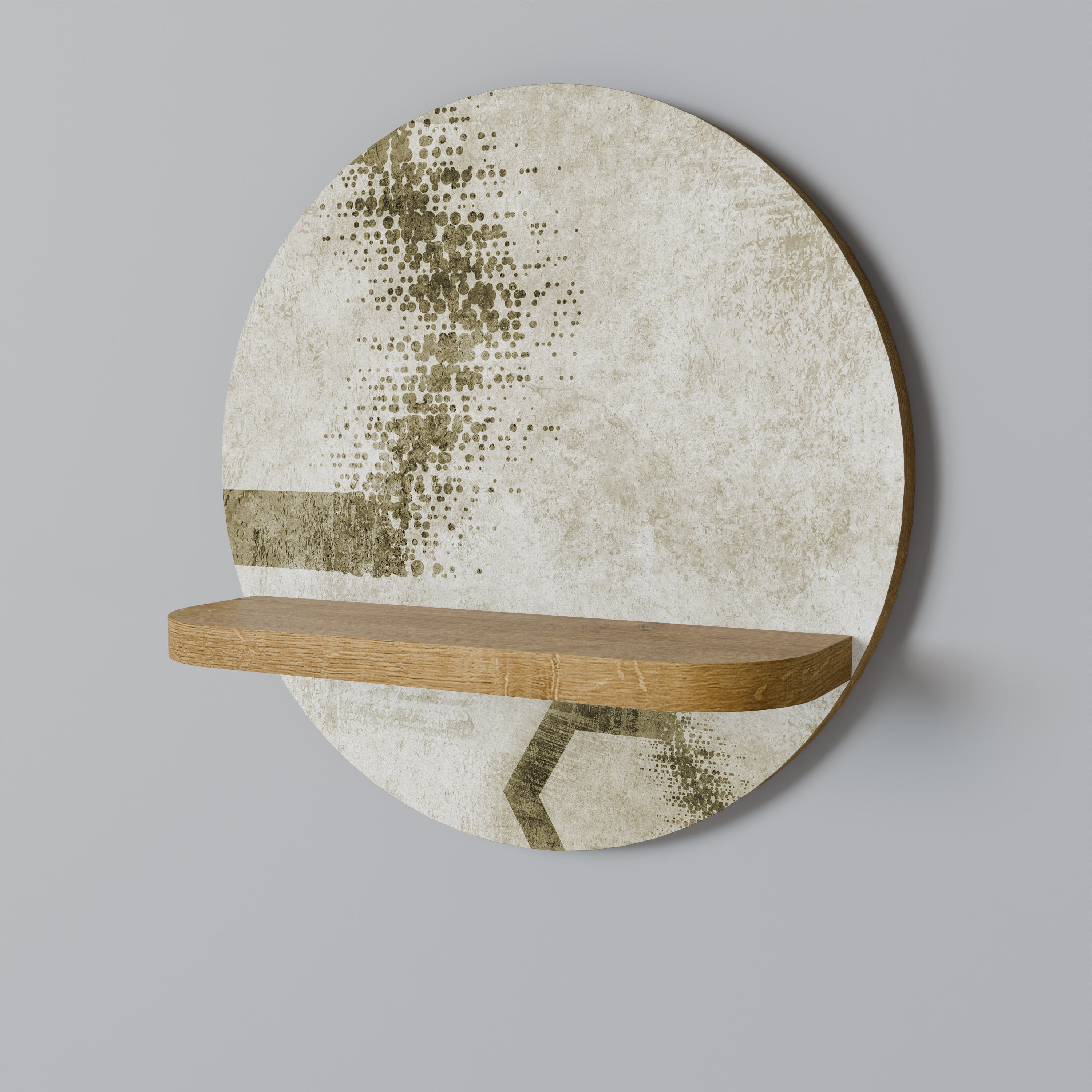 Estantería de arte redonda con formas hexagonales en efecto roble