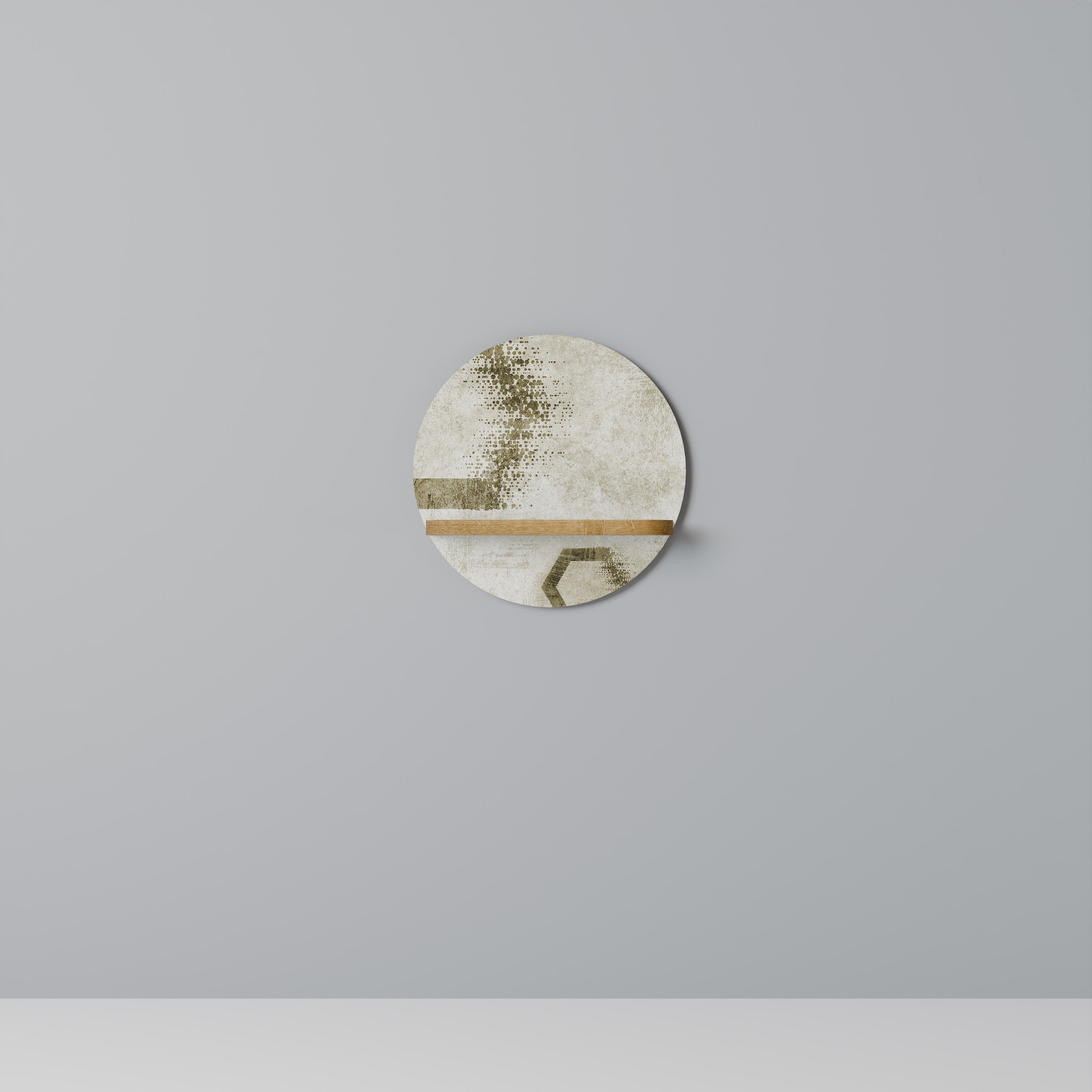 Estantería de arte redonda con formas hexagonales en efecto roble