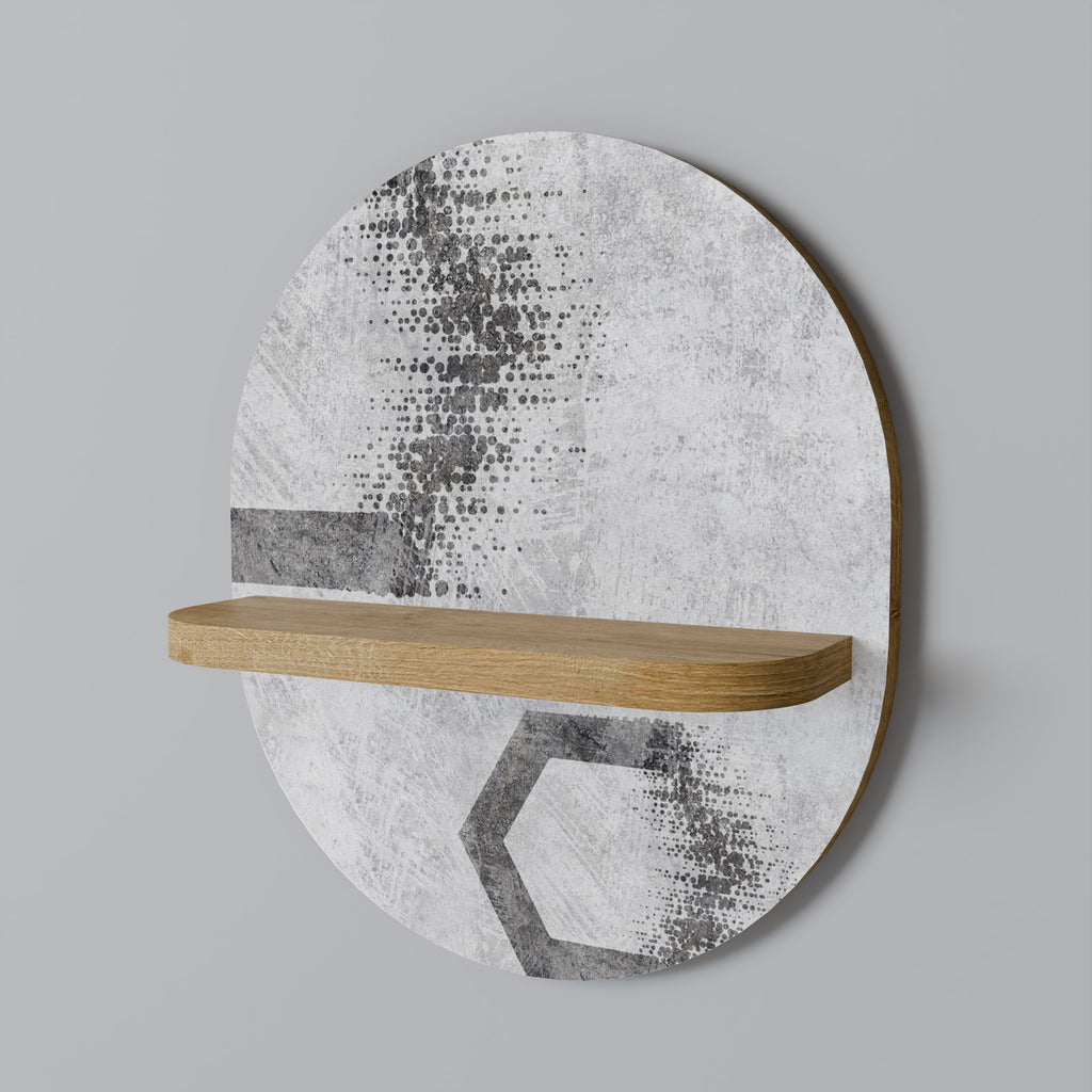 Estantería de arte ovalada con figuras hexagonales en efecto roble