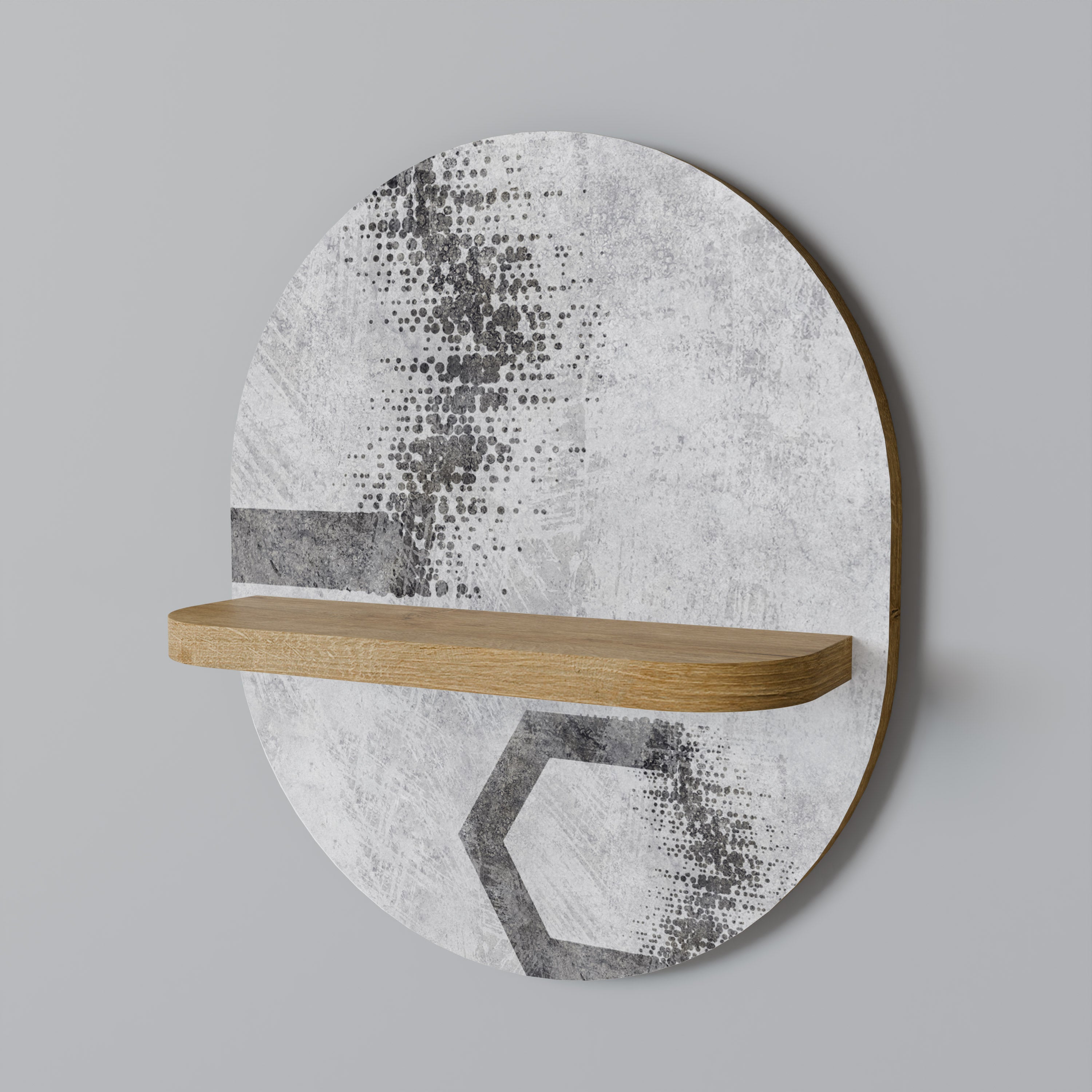 Estantería de arte ovalada con figuras hexagonales en efecto roble