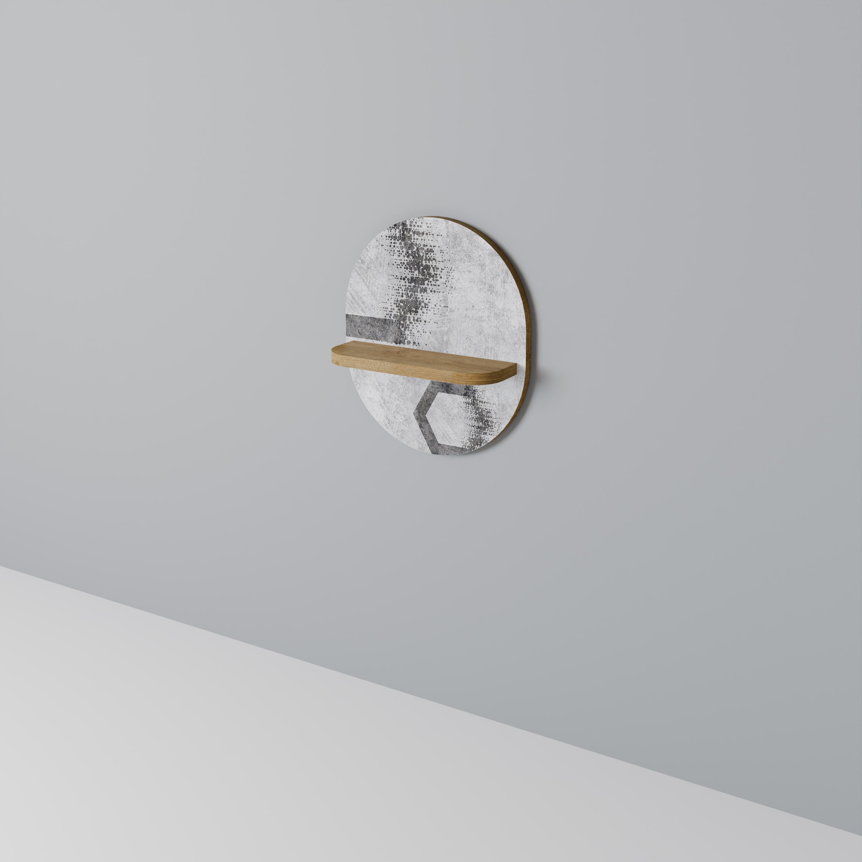 Estantería de arte ovalada con figuras hexagonales en efecto roble