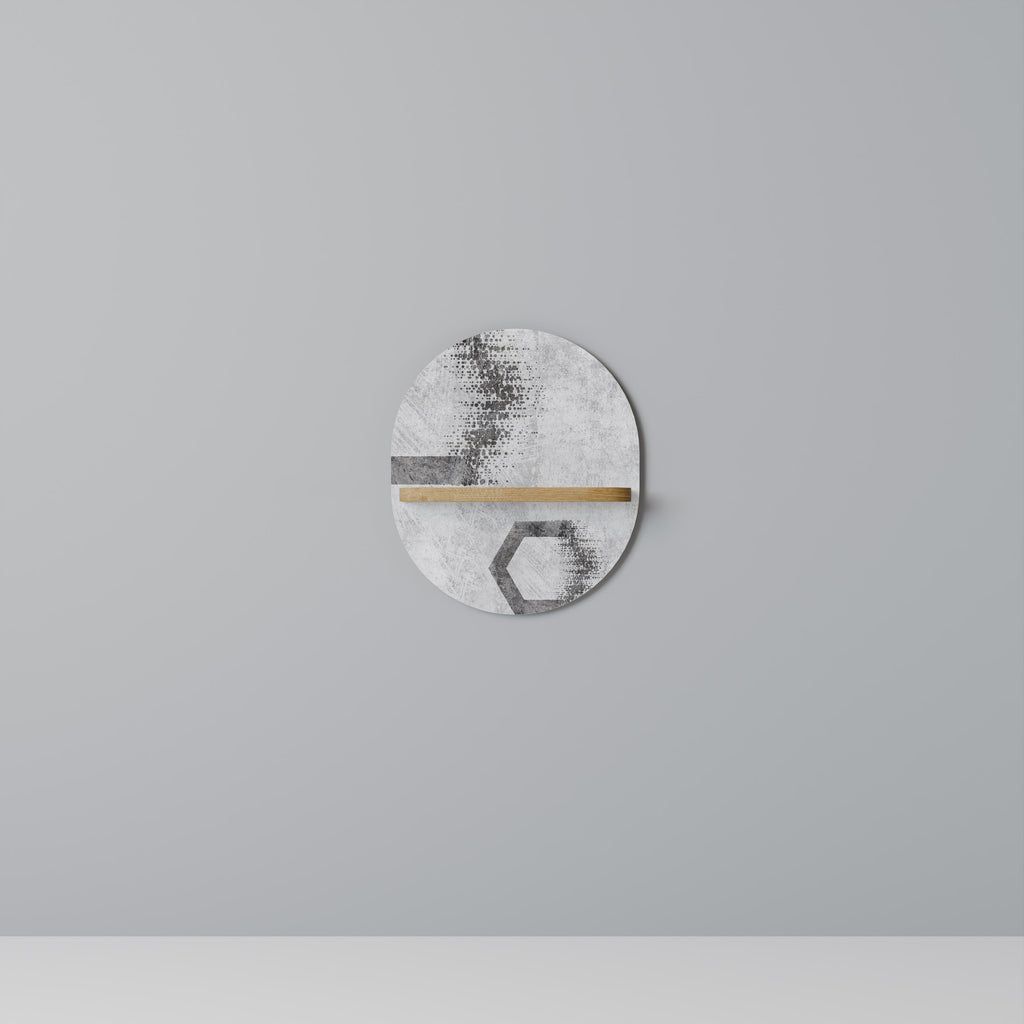 Estantería de arte ovalada con figuras hexagonales en efecto roble