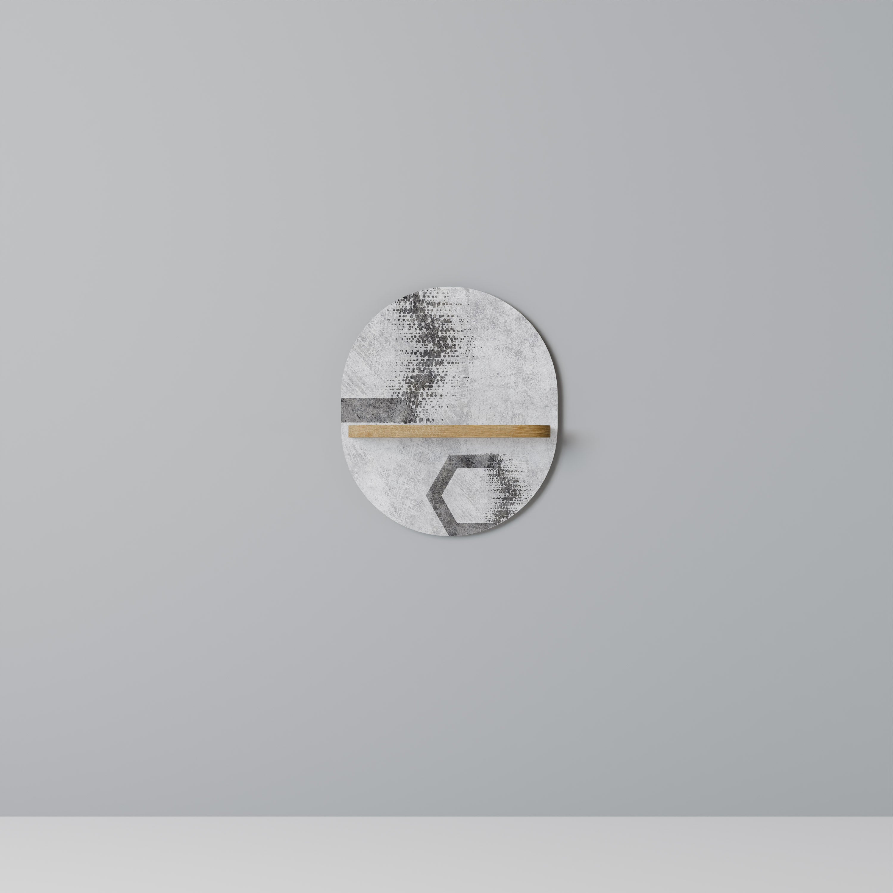 Estantería de arte ovalada con figuras hexagonales en efecto roble