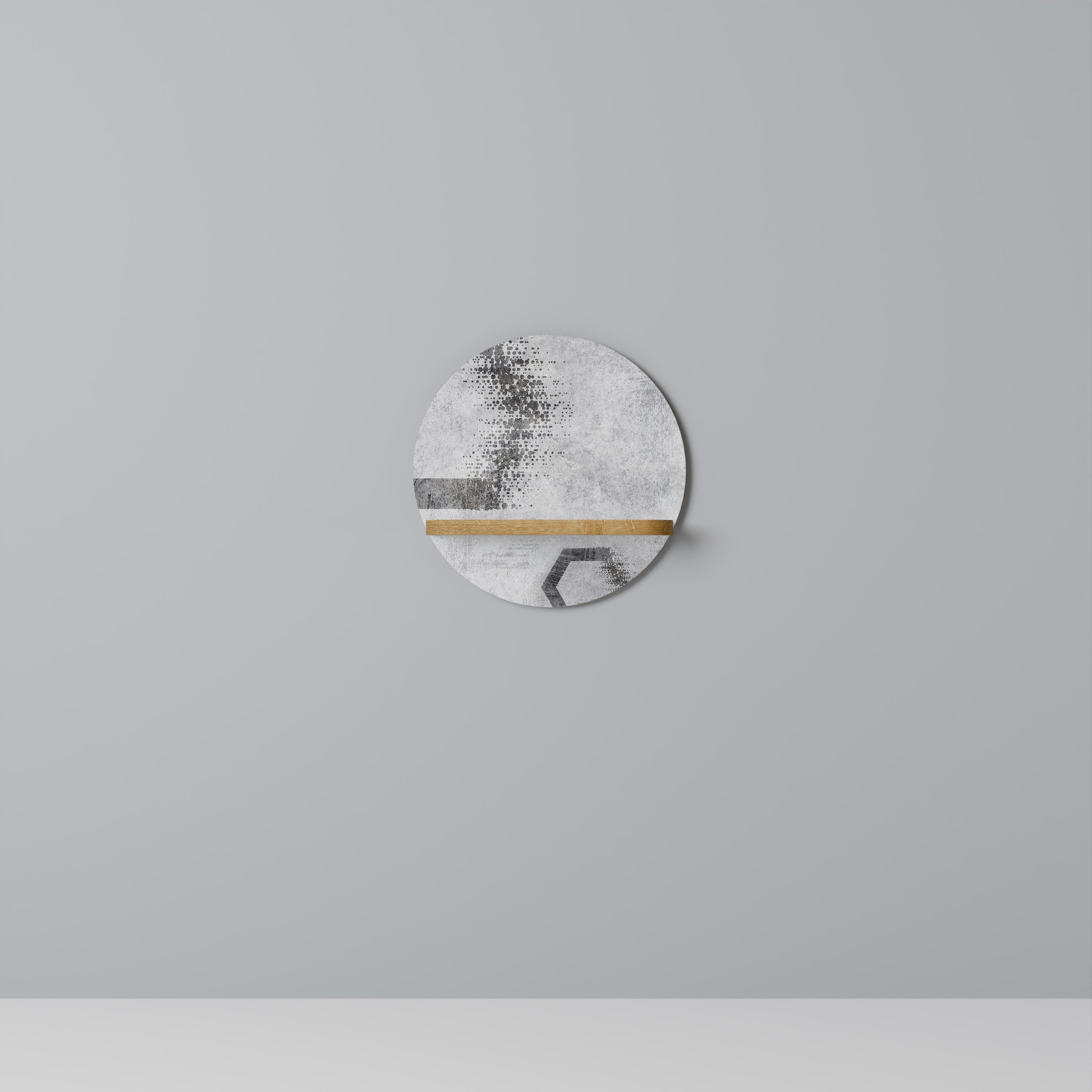 Estantería de arte redonda con figuras hexagonales en efecto roble