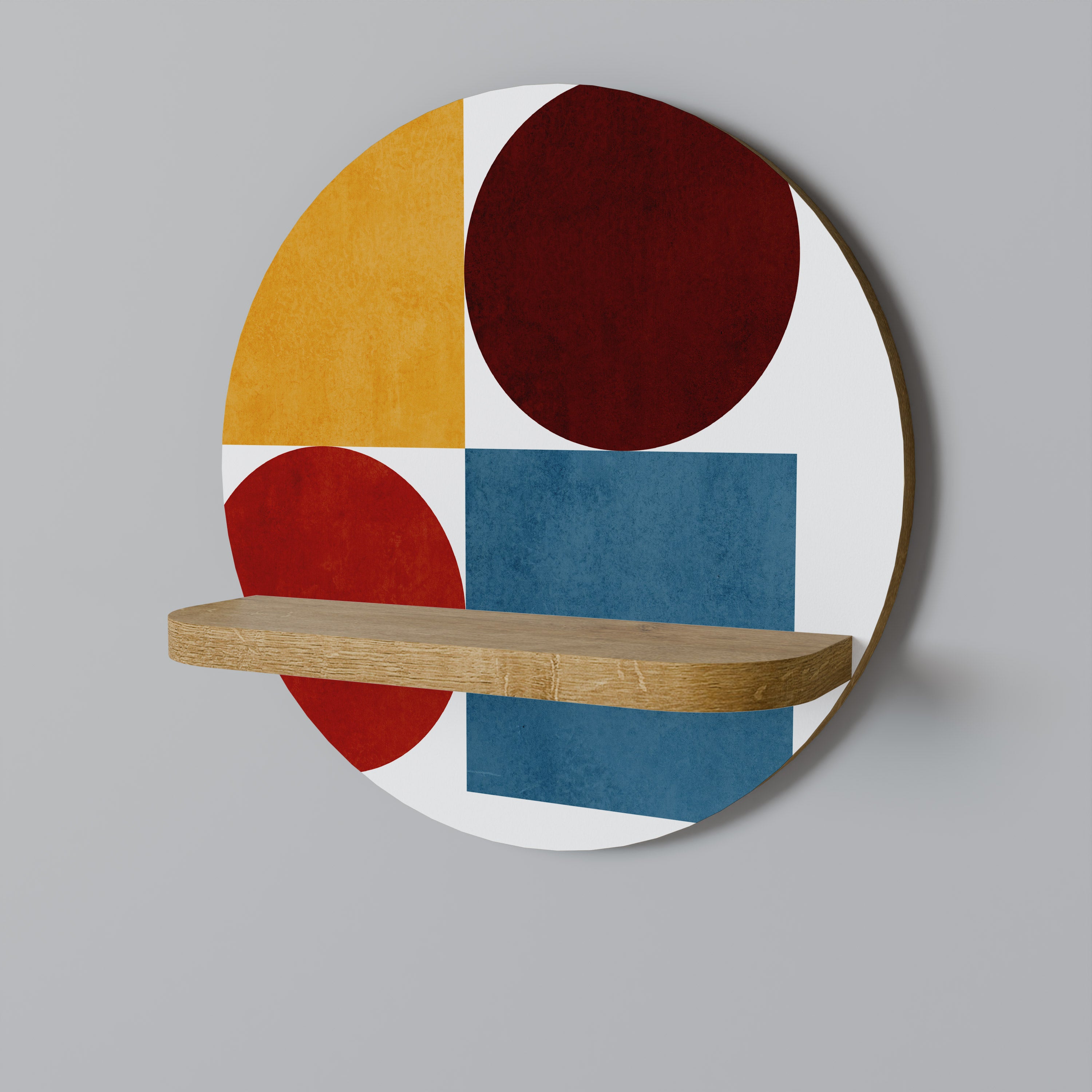 Estantería de arte redonda con efecto roble y diseño geométrico