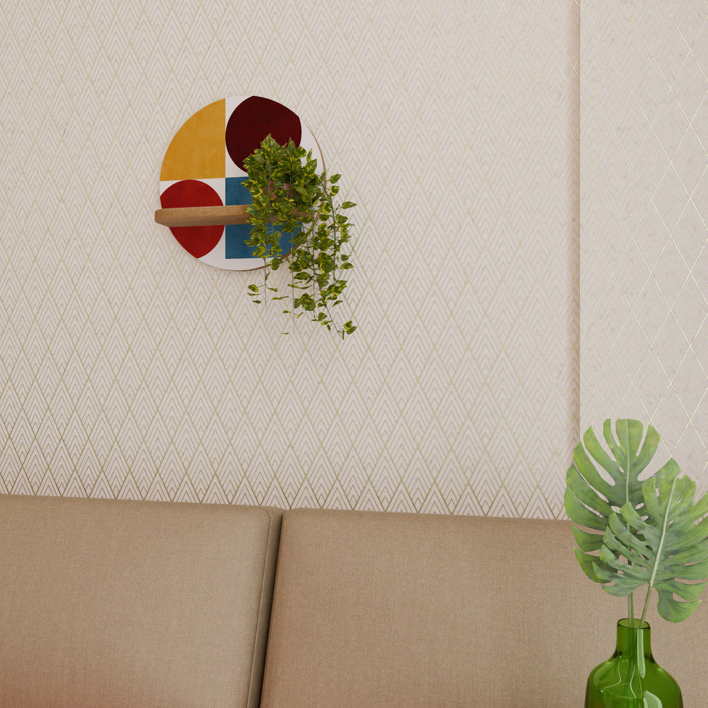 Estantería de arte redonda con efecto roble y diseño geométrico