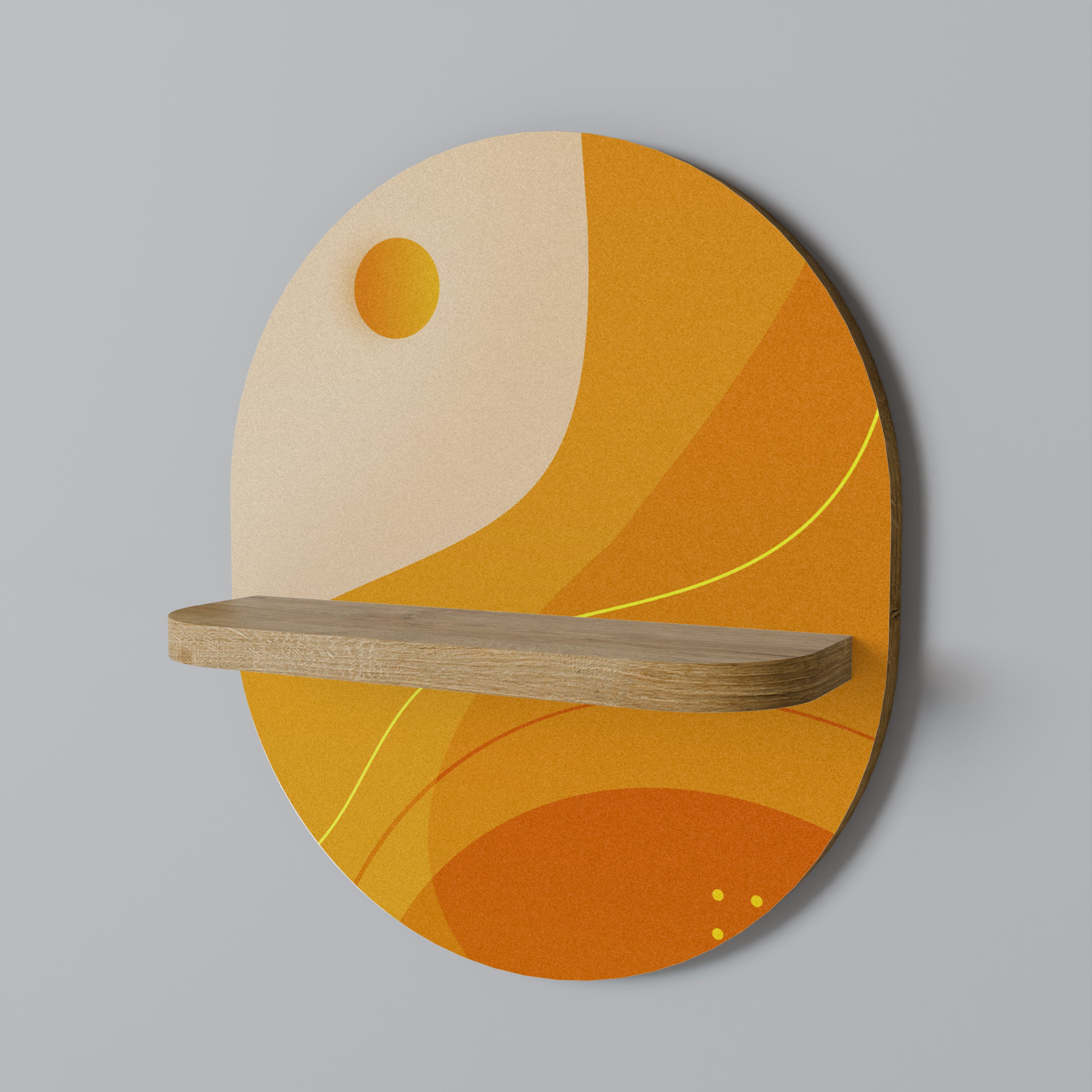 Estantería de arte ovalada con efecto roble y arreglo naranja