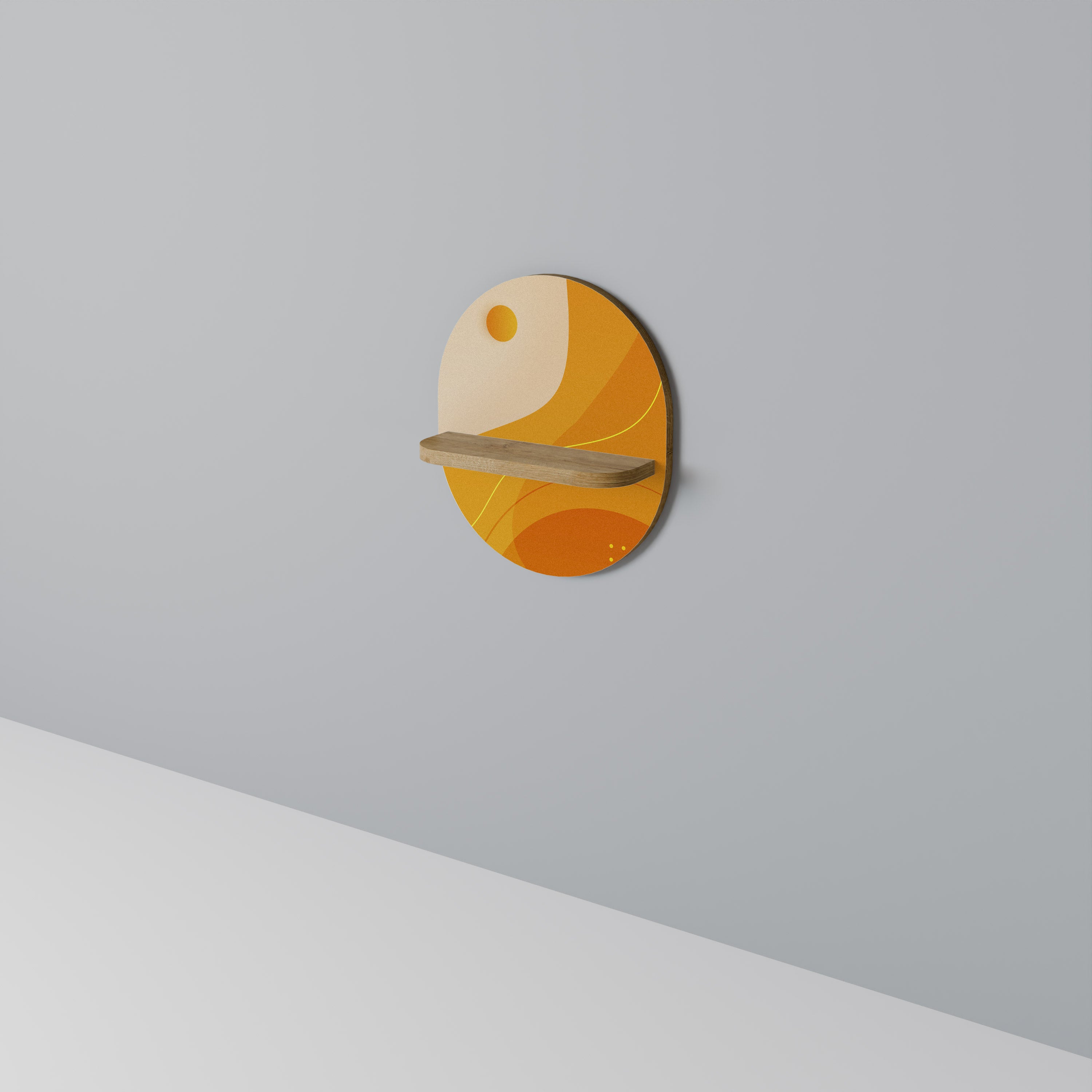 Estantería de arte ovalada con efecto roble y arreglo naranja