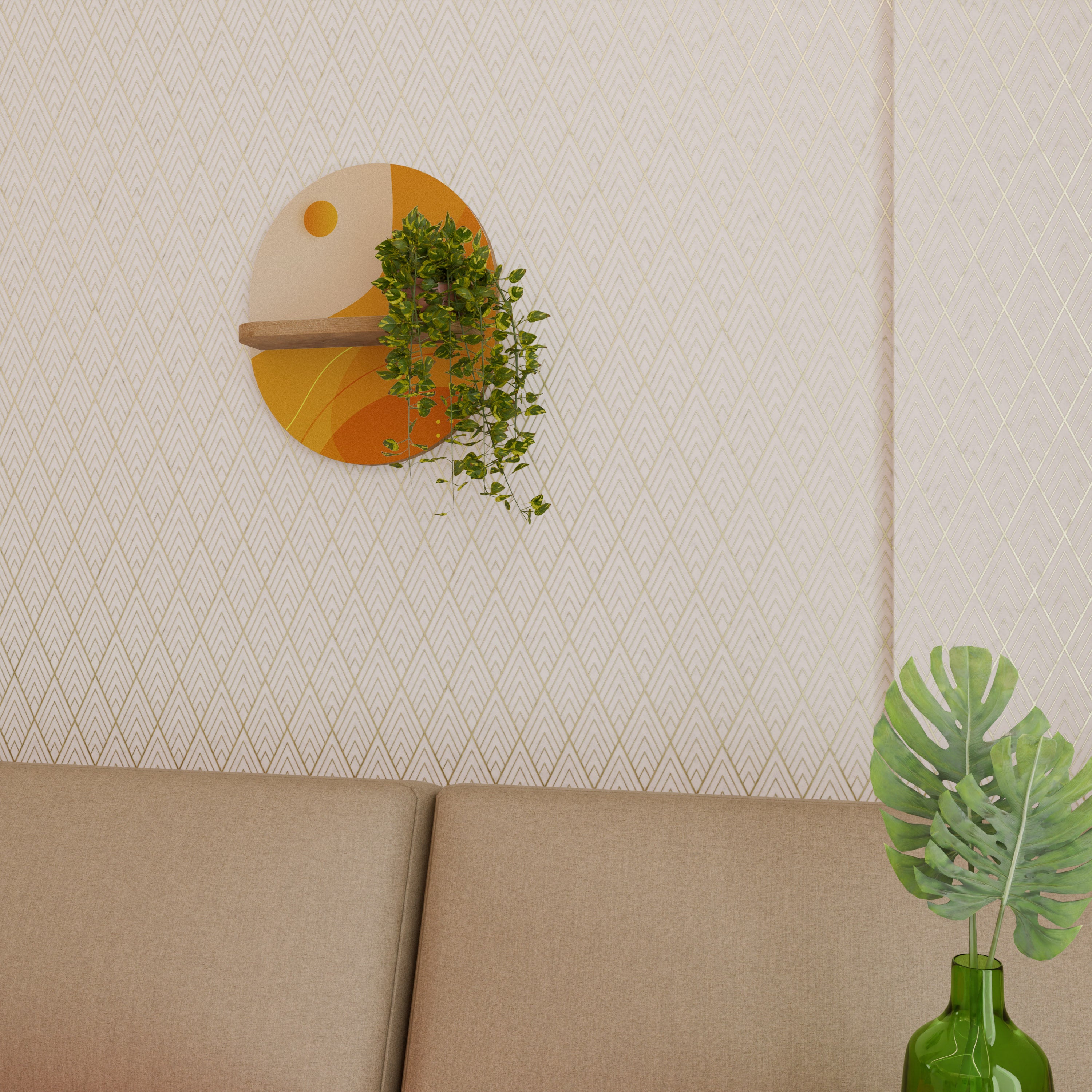 Estantería de arte ovalada con efecto roble y arreglo naranja