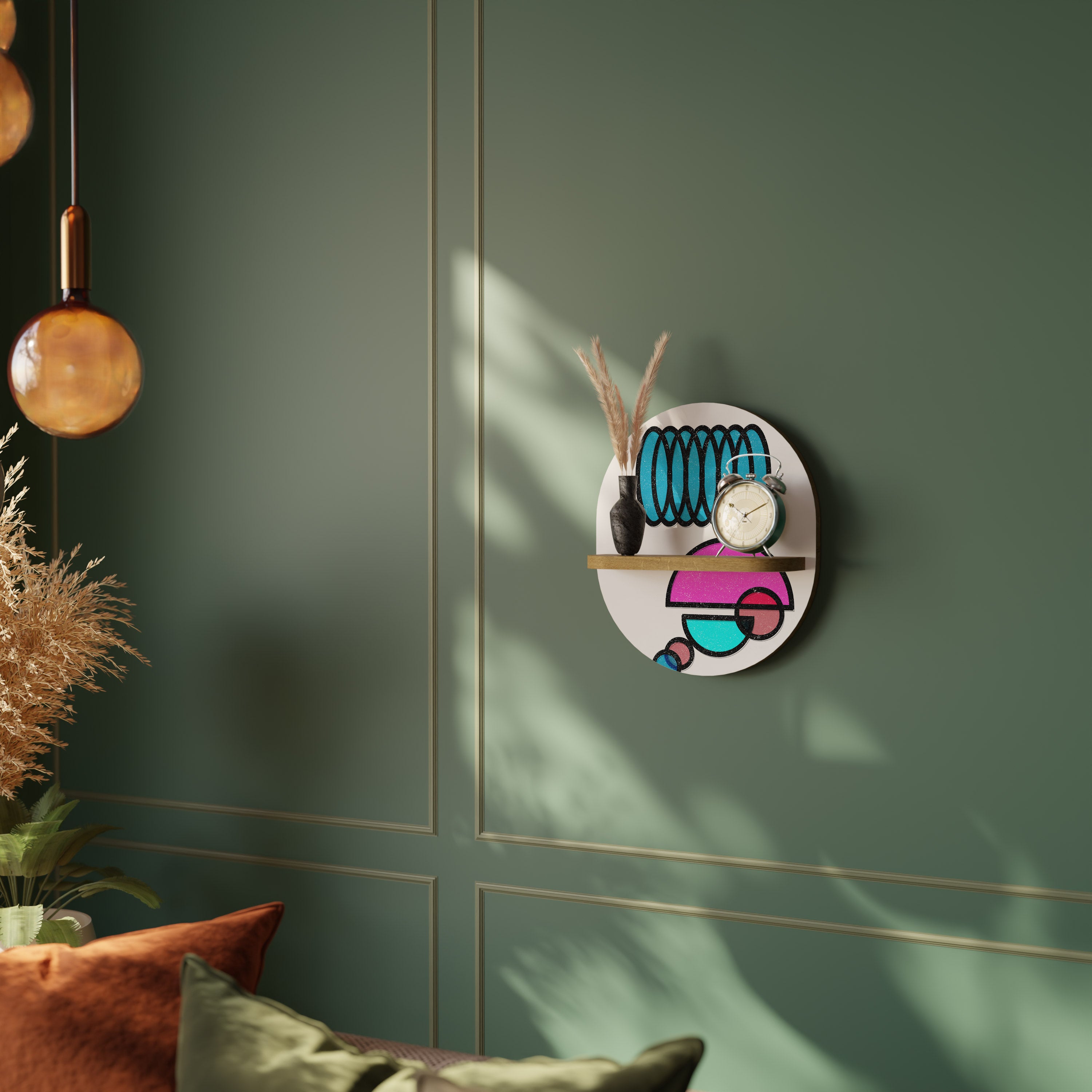 Estantería de arte ovalada GEOMETRIC RHAPSODY con efecto roble