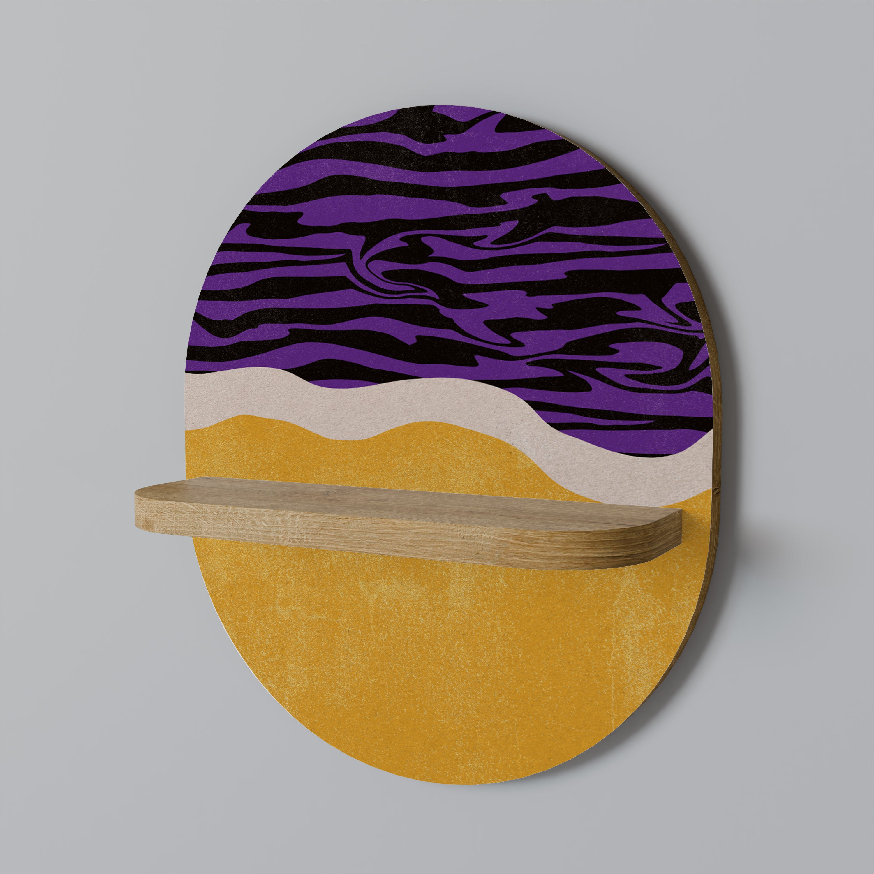 Estantería de arte ovalada con borde independiente en efecto roble