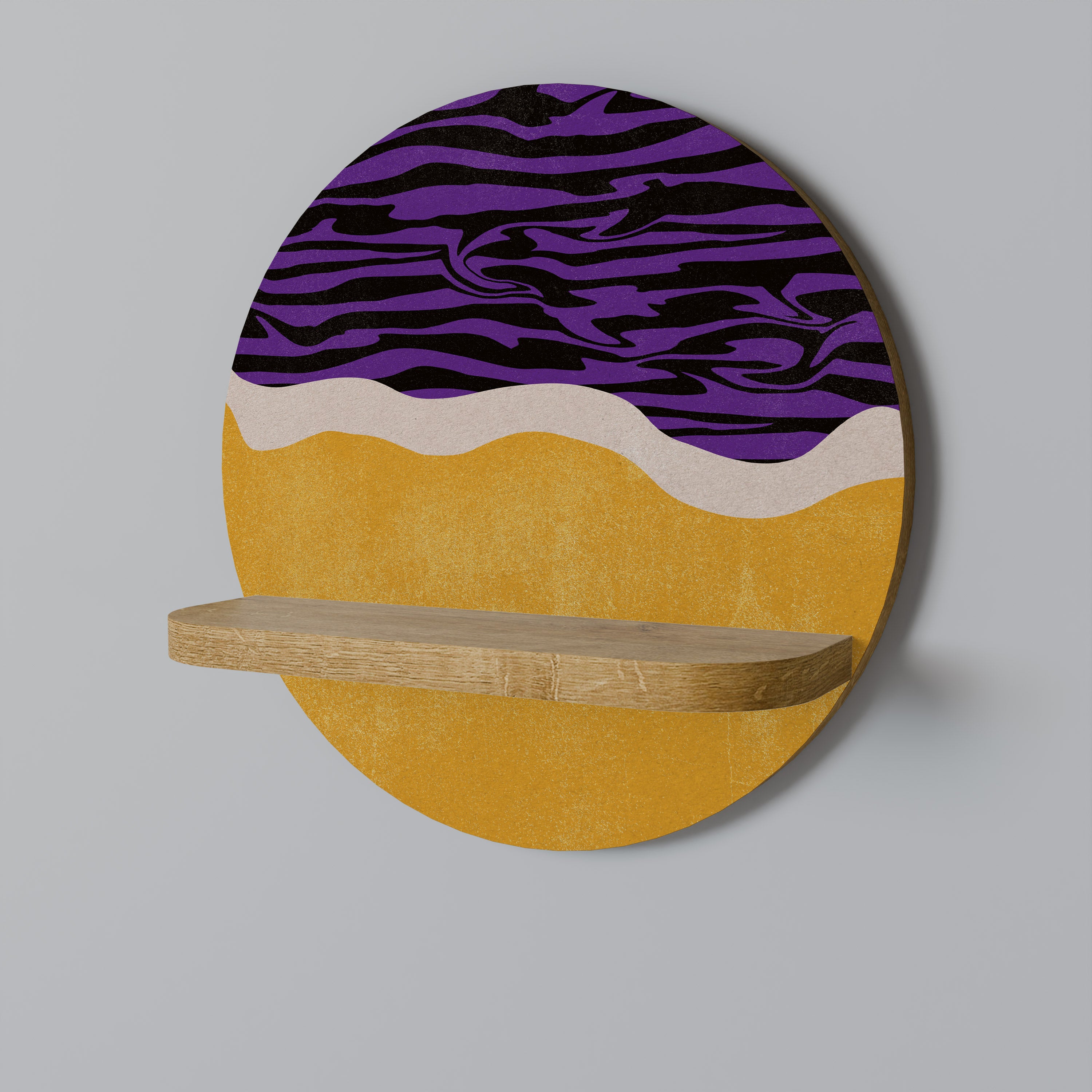 Estantería de arte redonda con borde independiente en efecto roble