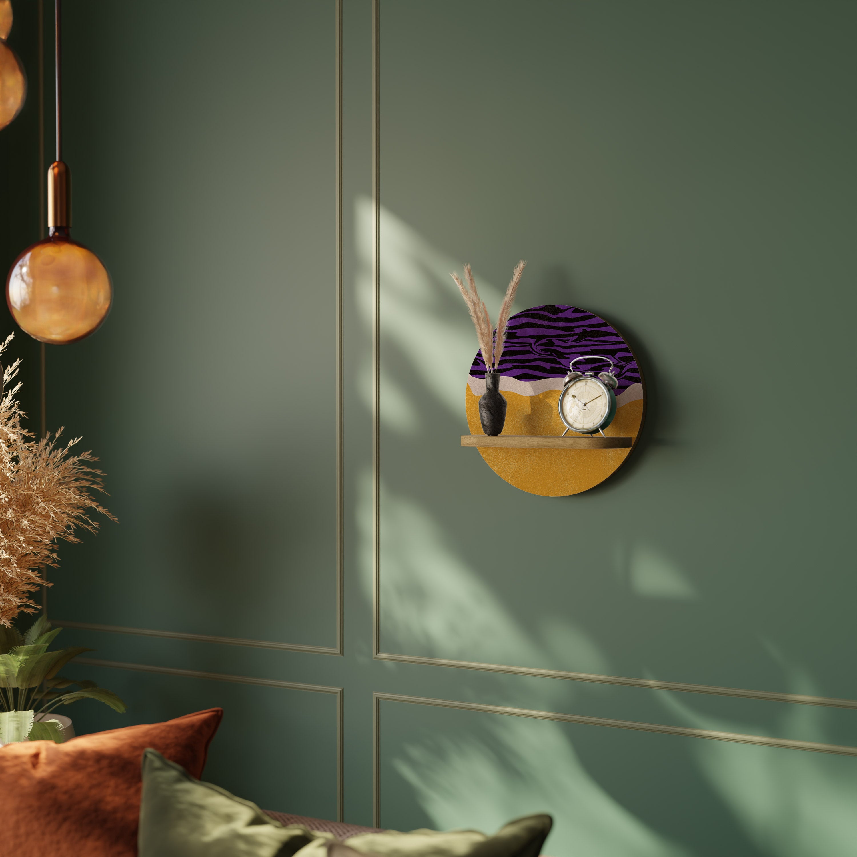 Estantería de arte redonda con borde independiente en efecto roble