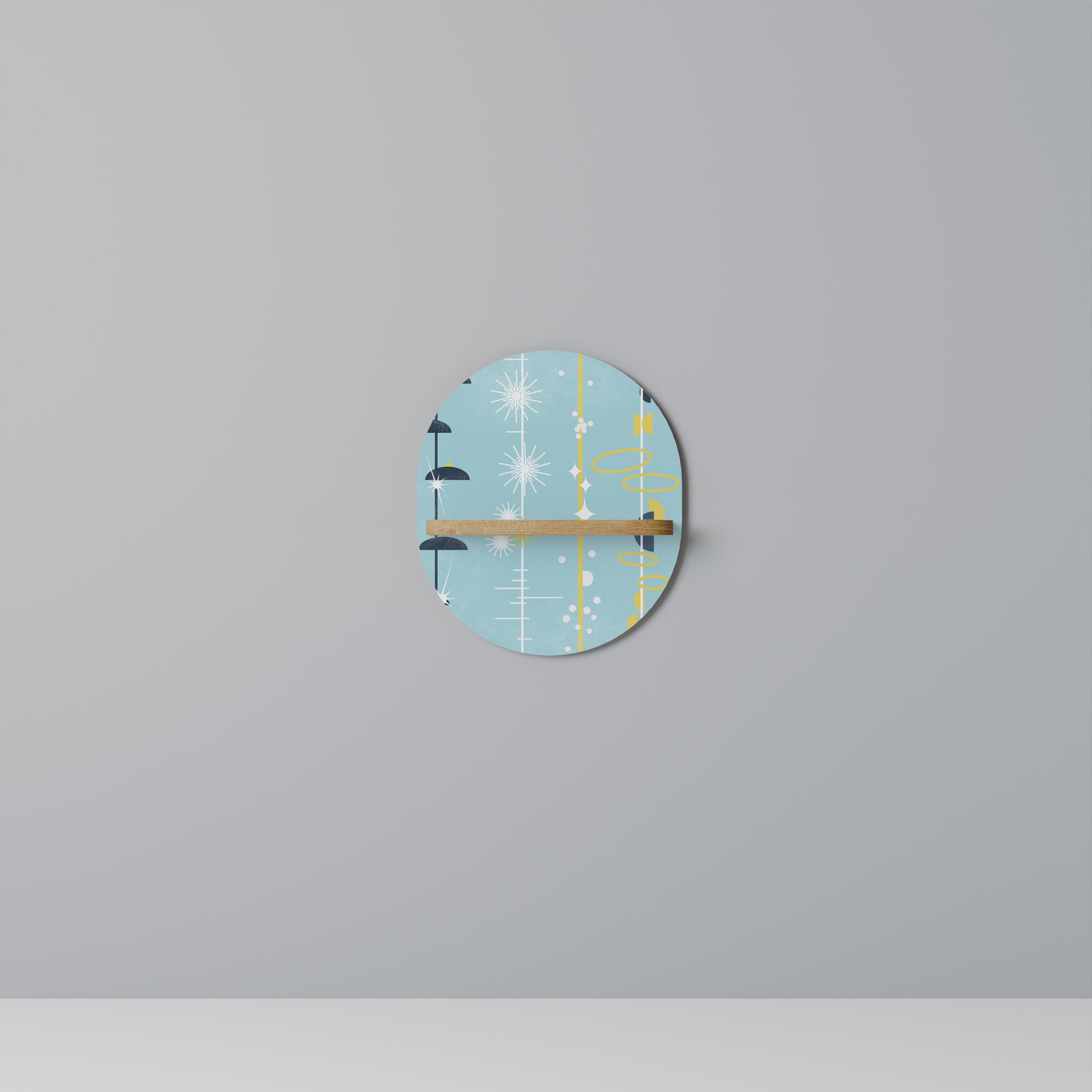 CAMINOS A LA FELICIDAD Estantería de arte ovalada con efecto roble