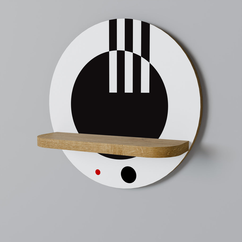 Estantería de arte redonda con efecto roble, combinación blanco y negro