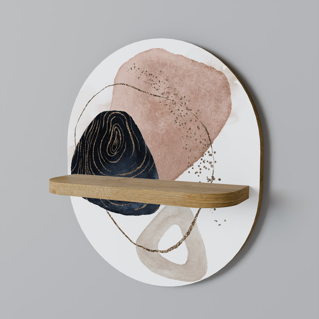 Estantería de arte ovalada con formas coloridas en efecto roble