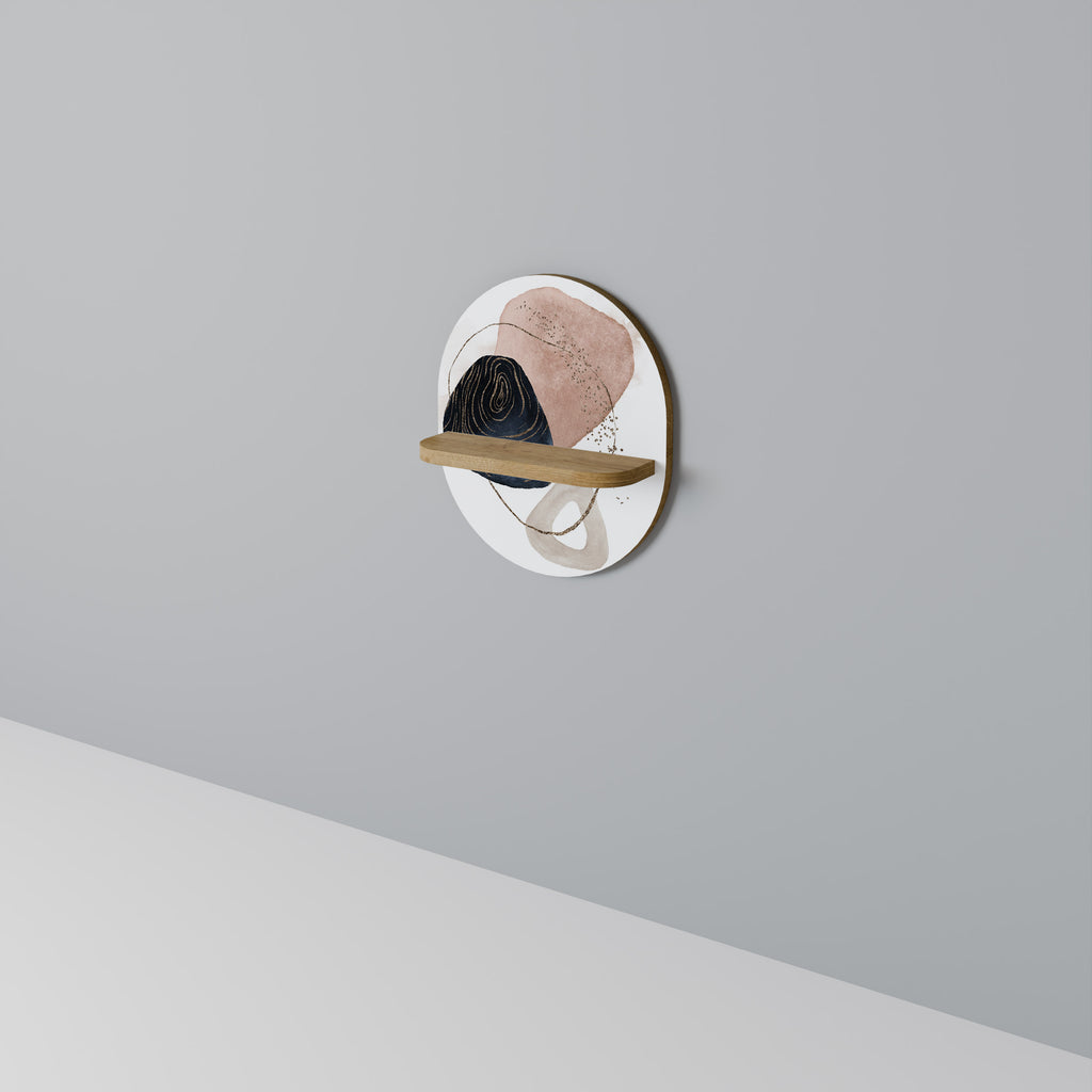 Estantería de arte ovalada con formas coloridas en efecto roble