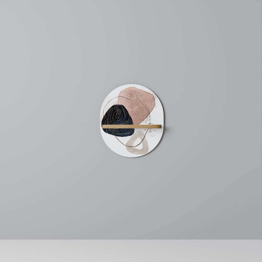 Estantería de arte ovalada con formas coloridas en efecto roble