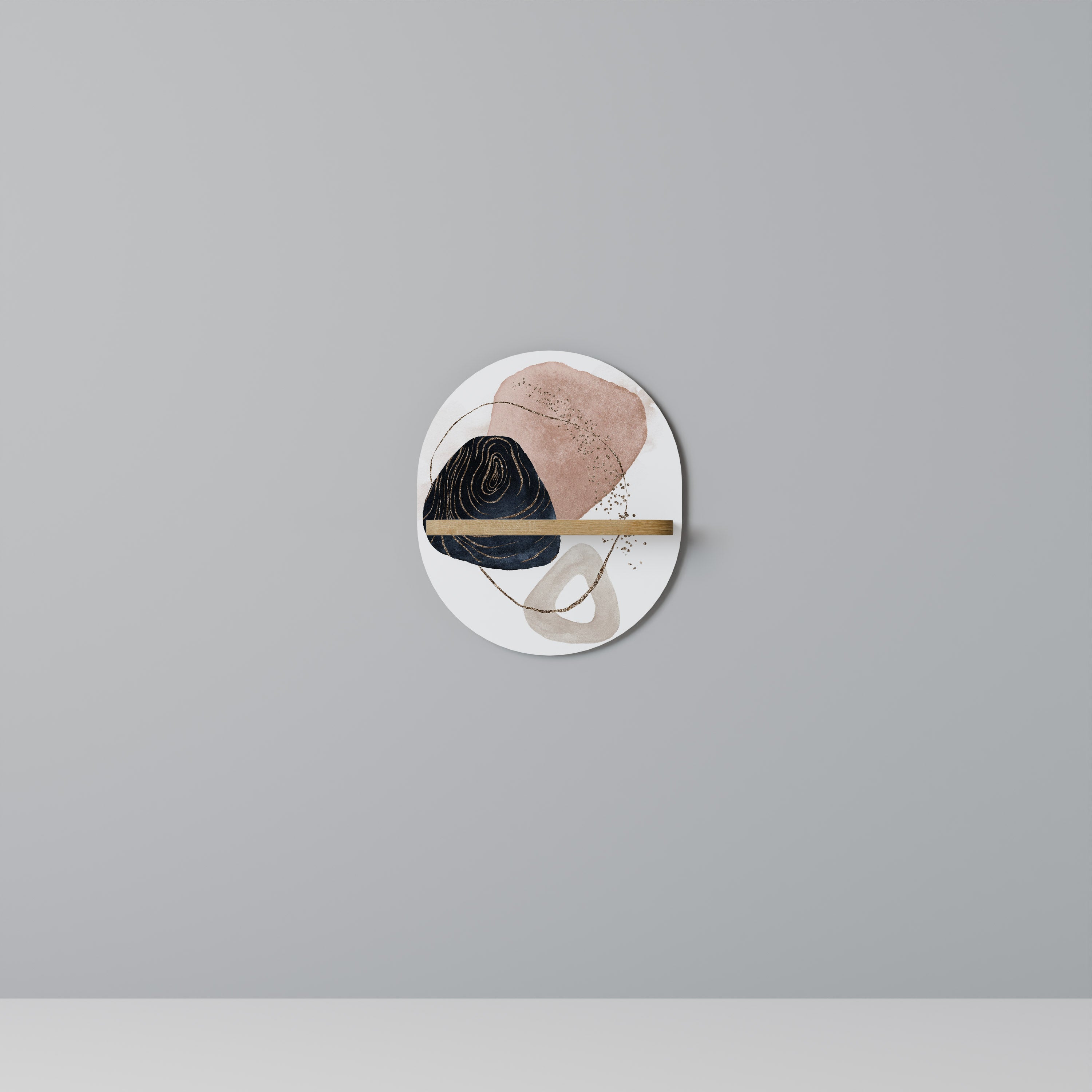 Estantería de arte ovalada con formas coloridas en efecto roble