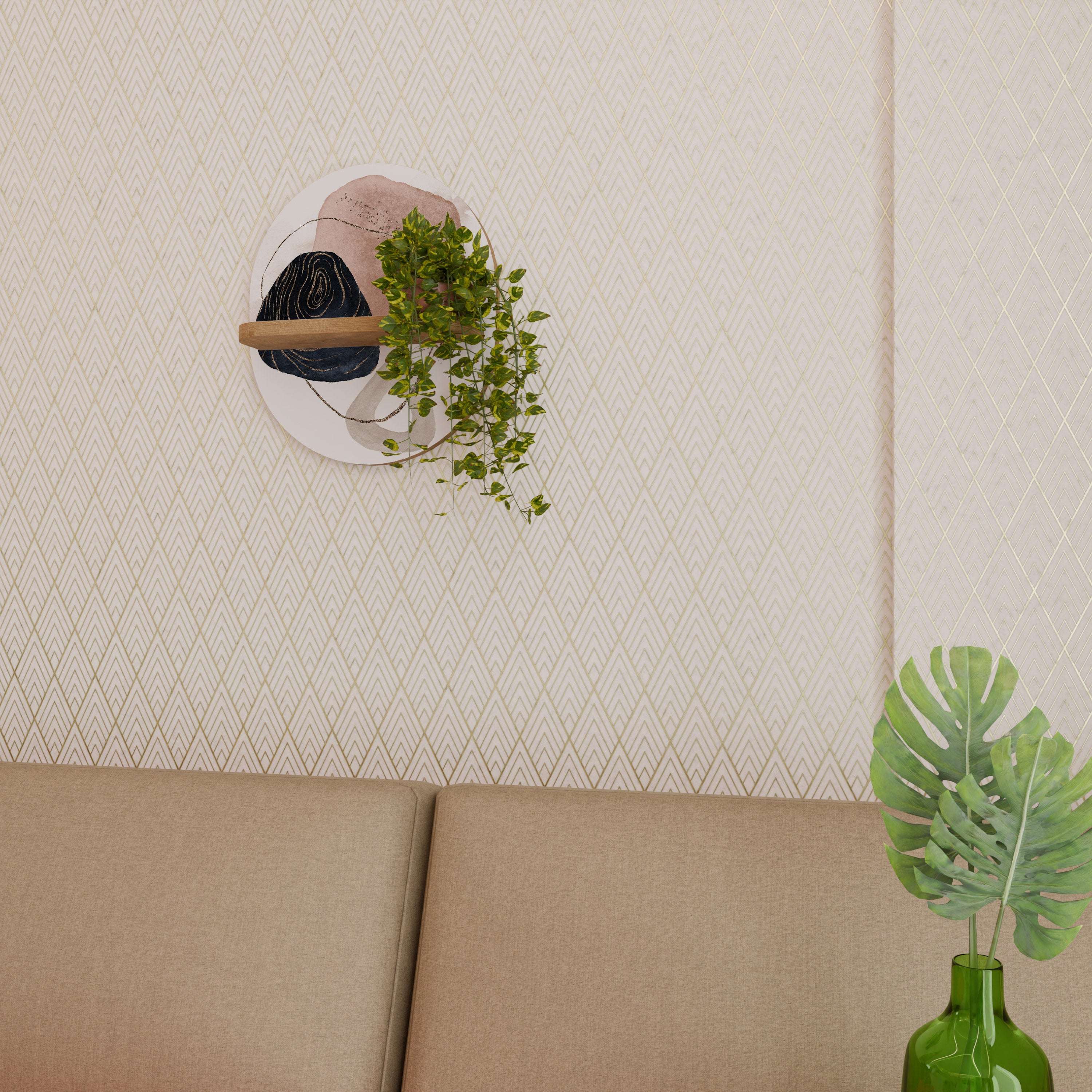 Estantería de arte ovalada con formas coloridas en efecto roble