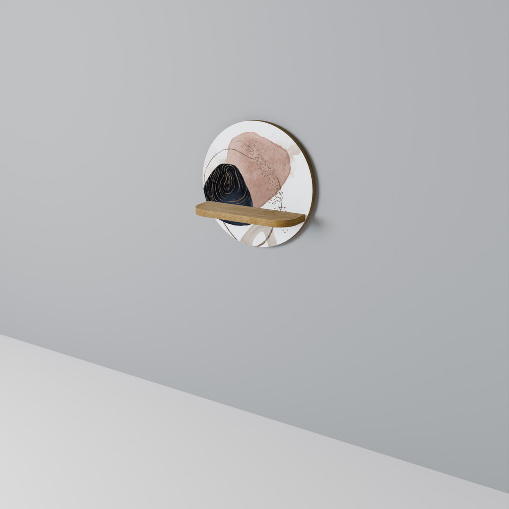 Estantería de arte redonda con formas coloridas en efecto roble