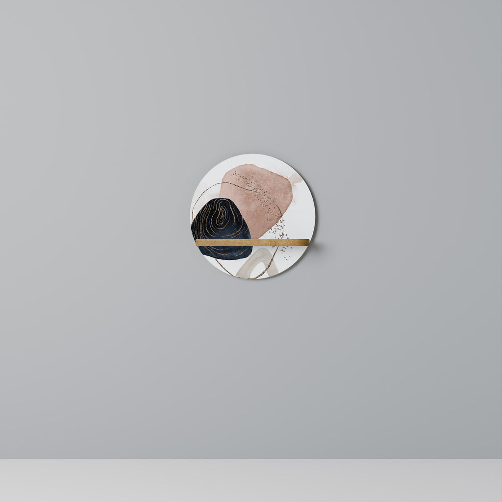 Estantería de arte redonda con formas coloridas en efecto roble