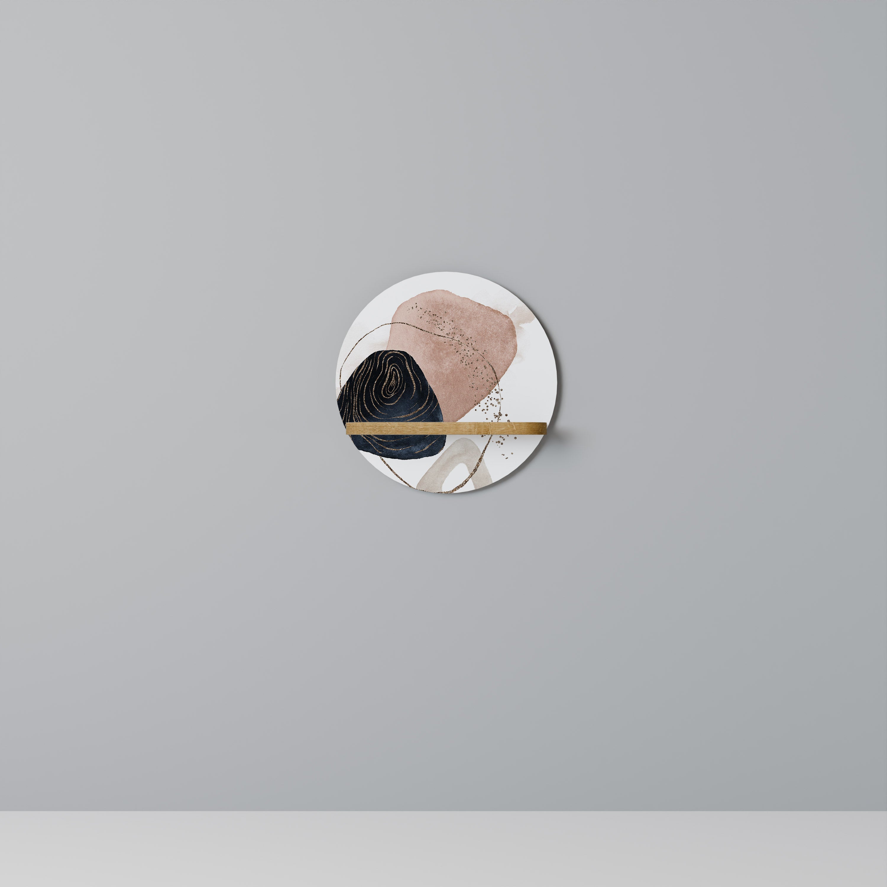 Estantería de arte redonda con formas coloridas en efecto roble