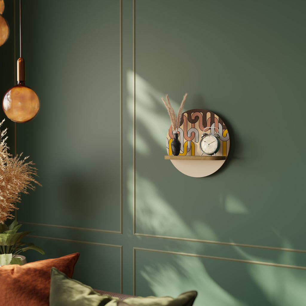 Estantería de arte redonda COLORFUL STRINGS con efecto roble