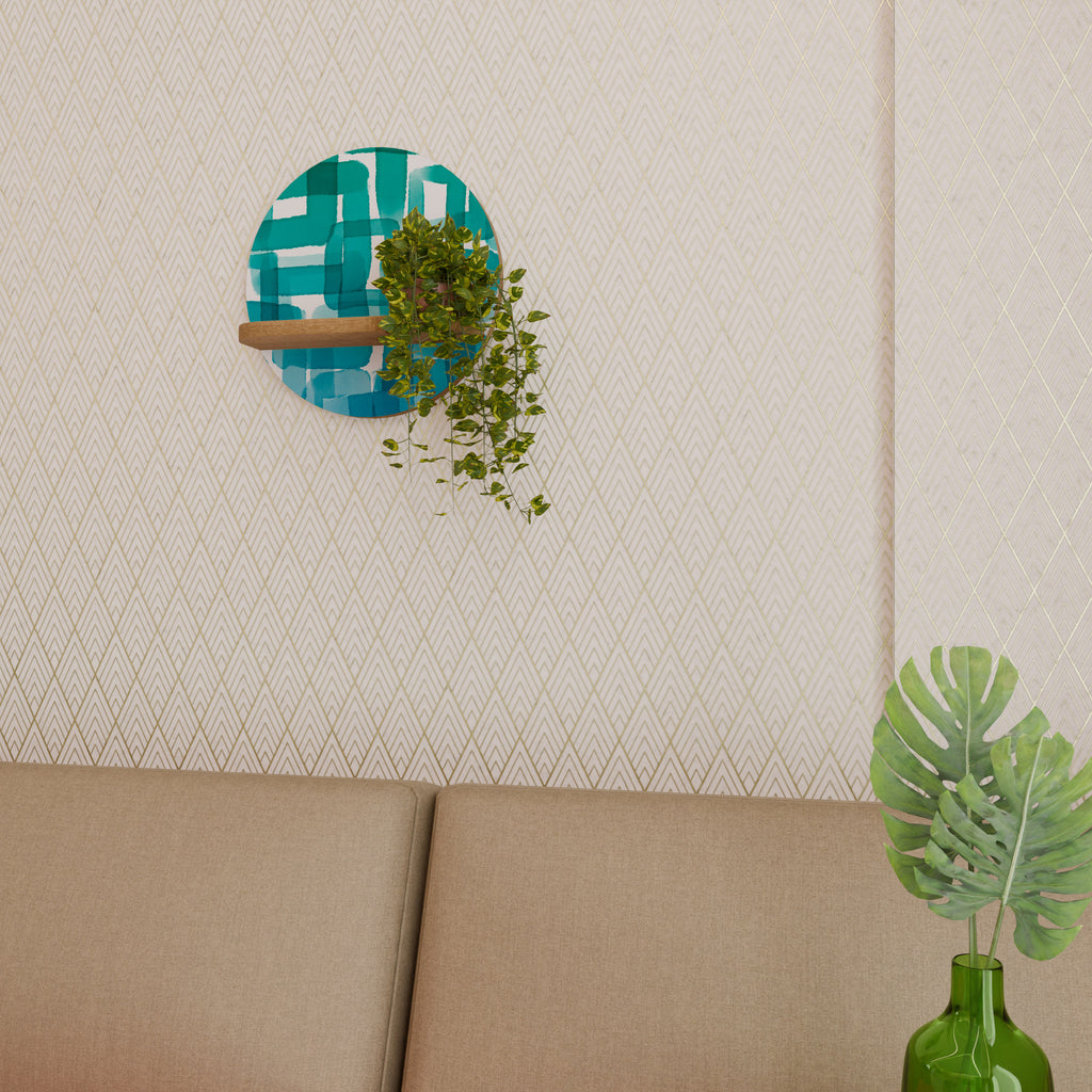 Estantería de arte redonda con efecto roble y rectángulos turquesa