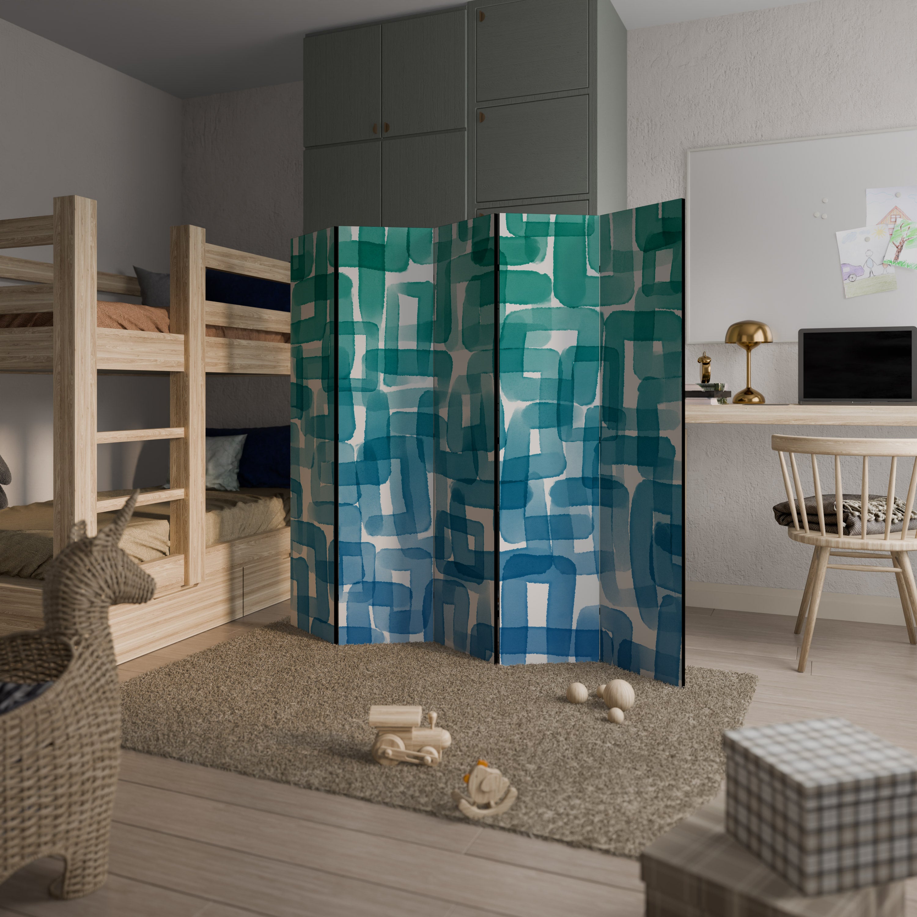 TURQUOISE RECTANGLES Decorative 5-Panel Room Divider