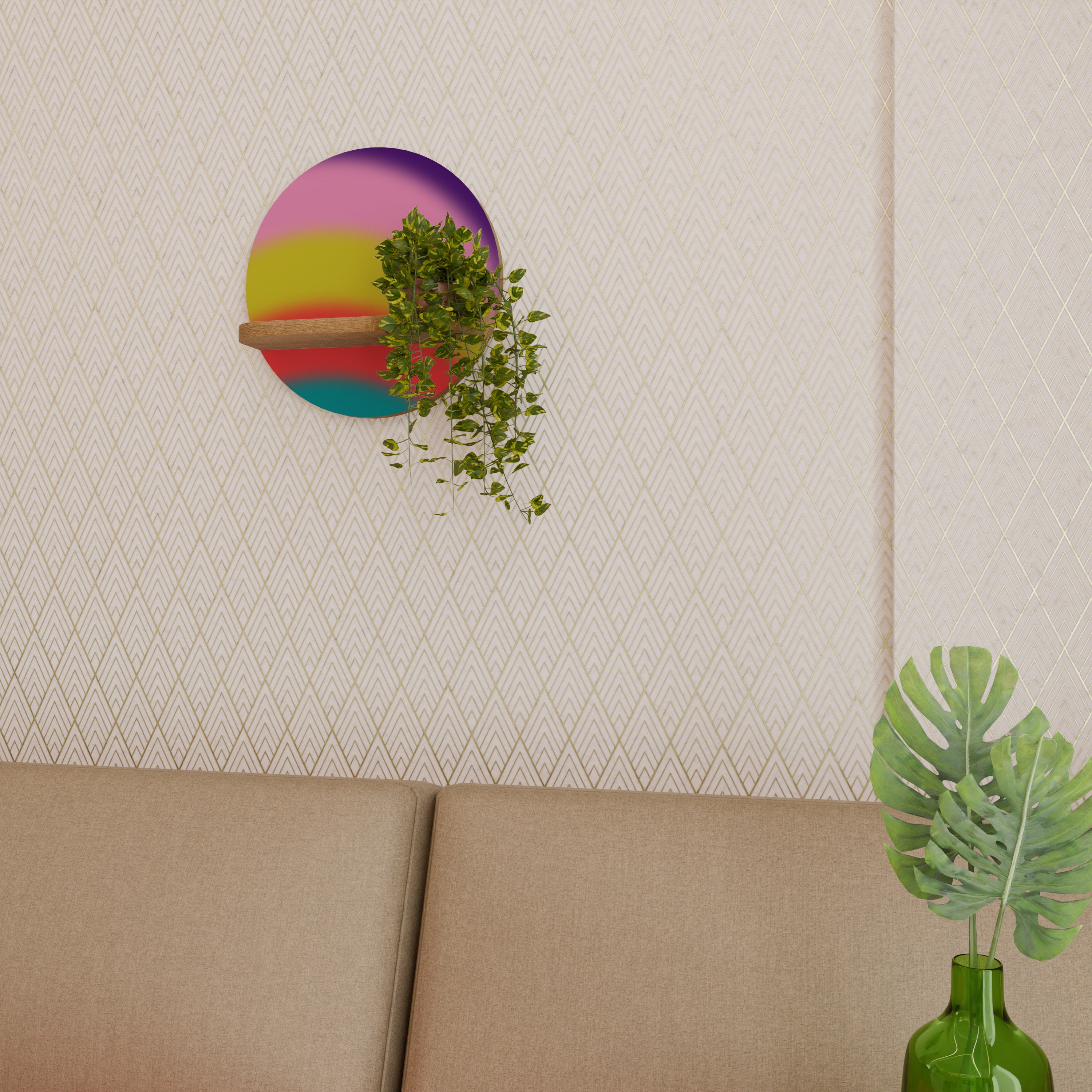 Estantería de arte redonda RAINBOW TIME con efecto roble