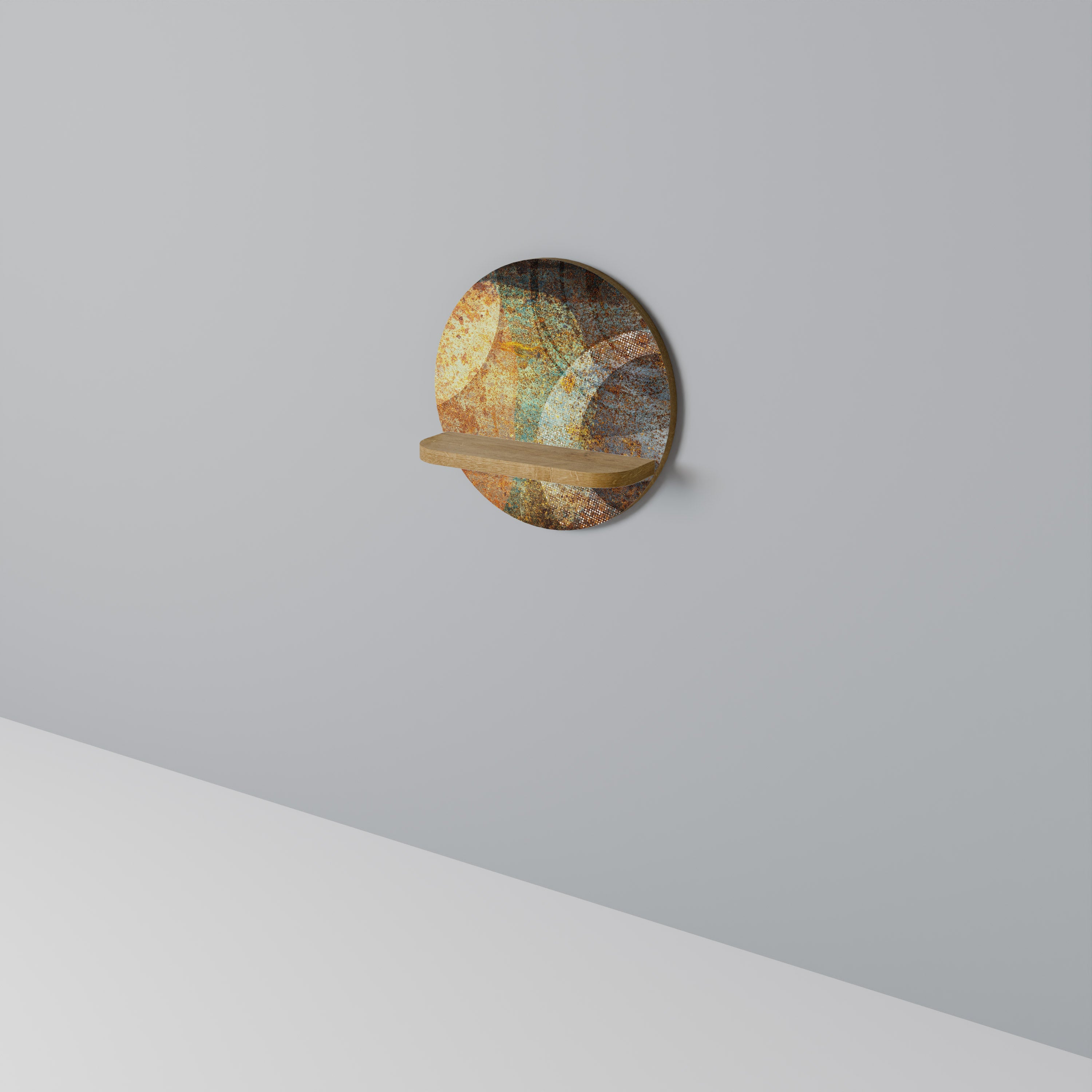 ANTIQUE AURA Round Art Shelf In Oak Effect